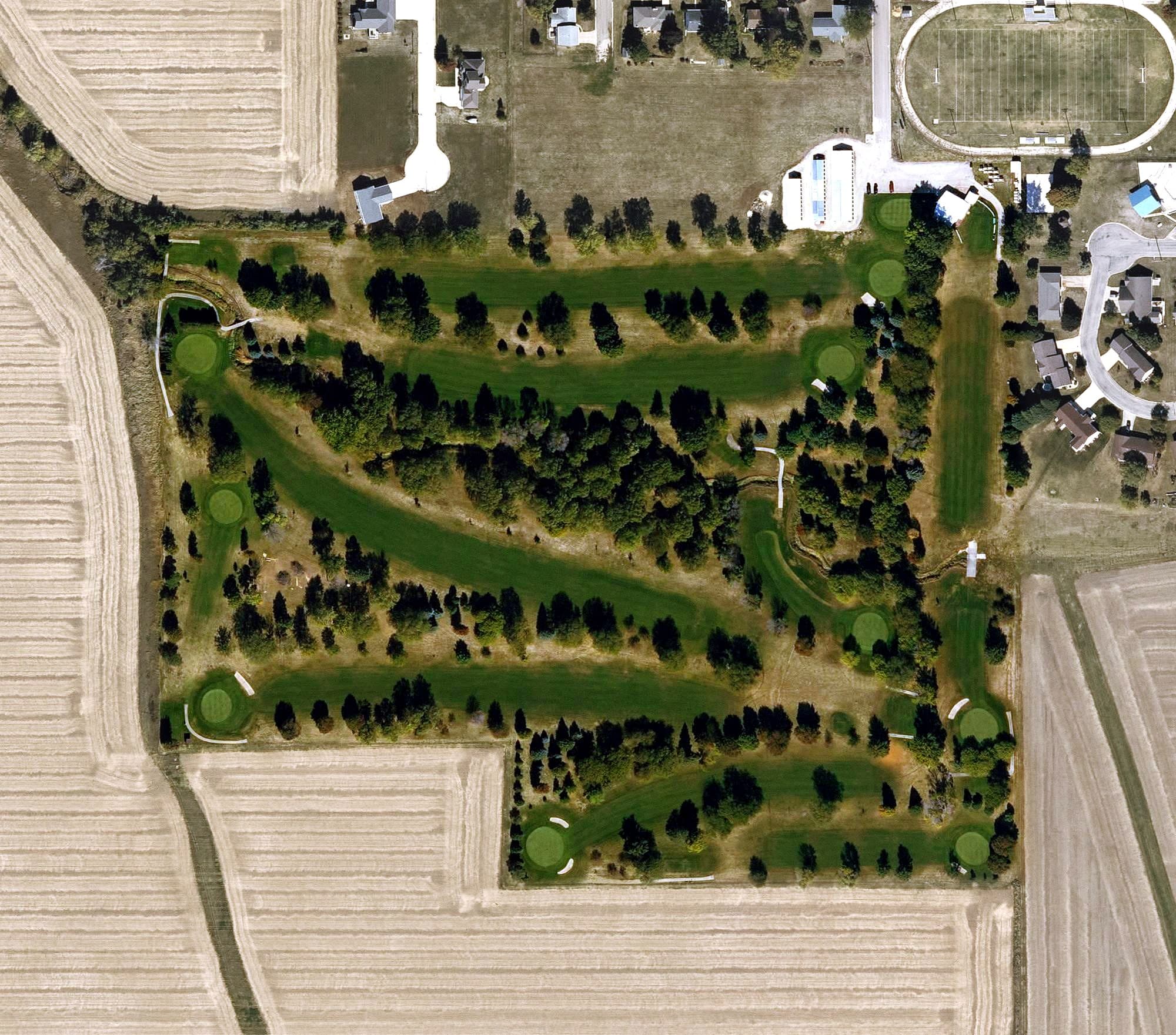 Aerial view of Meadowbrook Golf Course, IA, with its hole routing marked