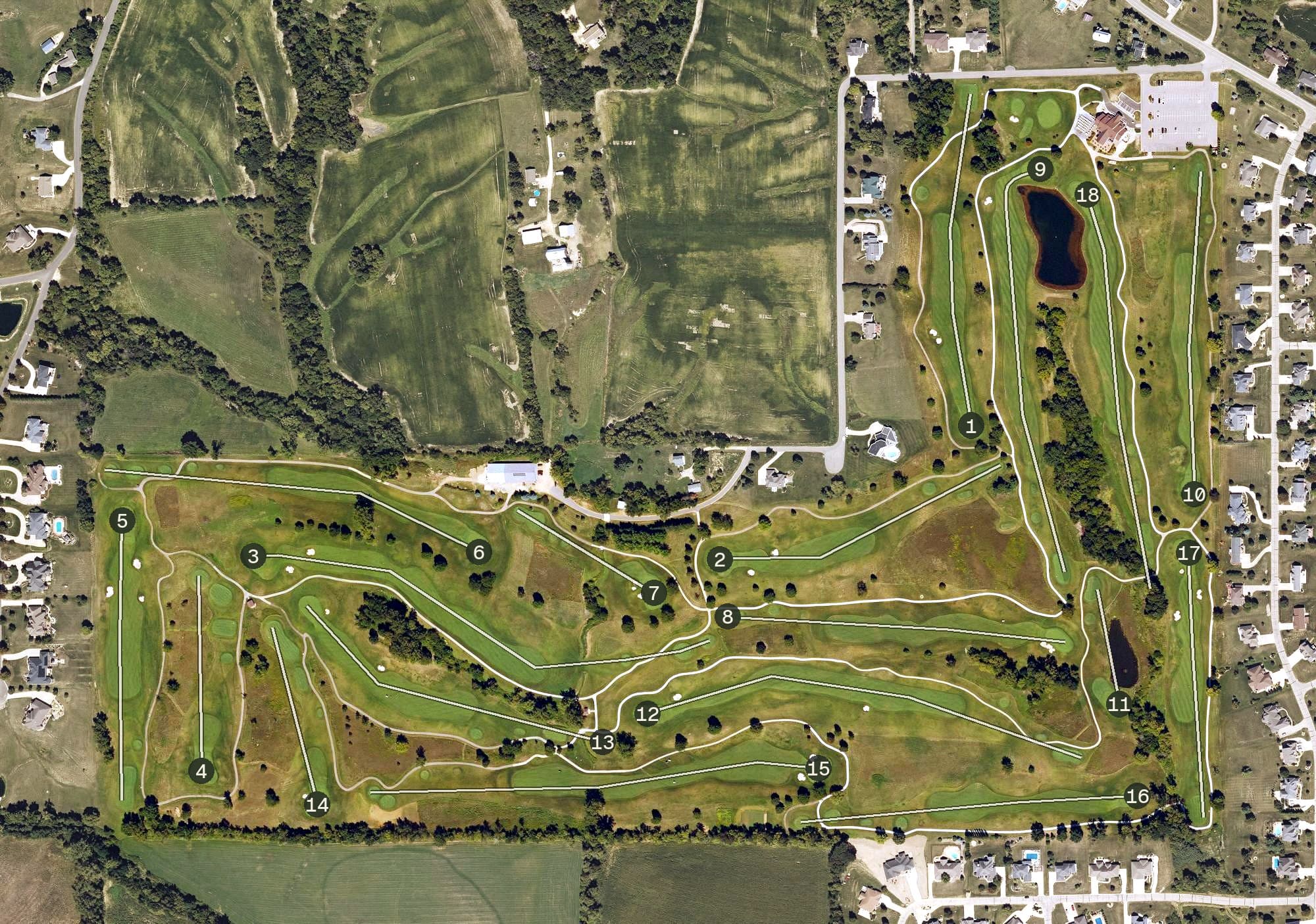 Aerial view of Meadows Golf Club, IA, with its hole routing marked