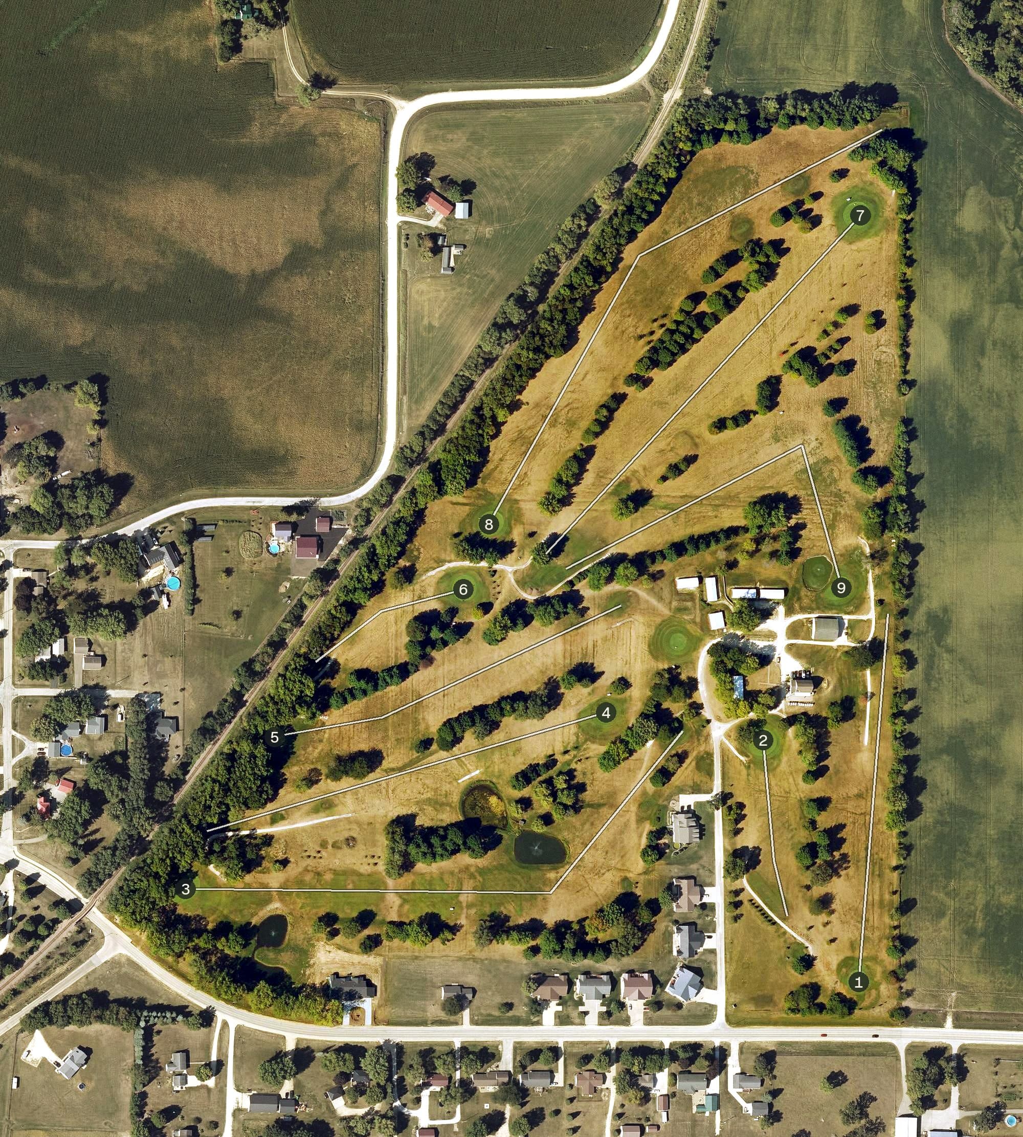 Aerial view of Meadowview Golf & Country Club, IA, with its hole routing marked
