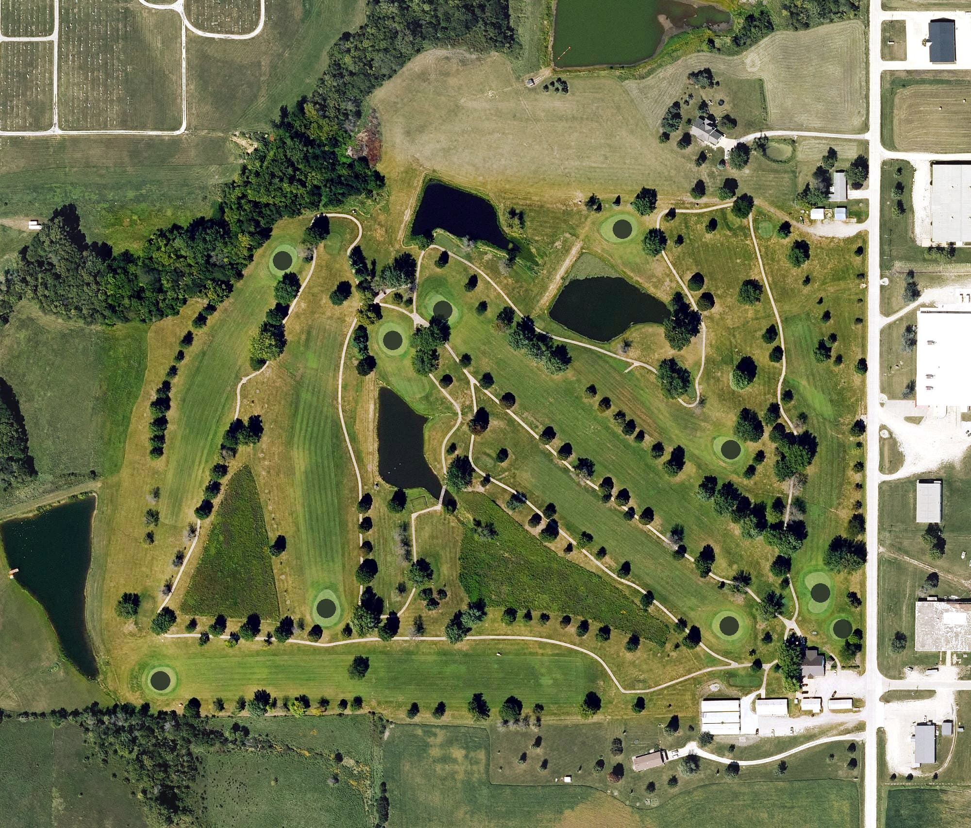 Aerial view of Mount Ayr Golf and Country Club, IA, with its hole routing marked