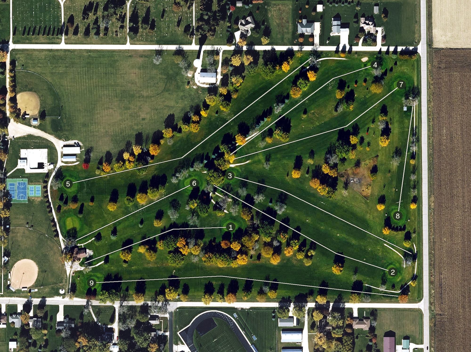 Aerial view of Newell Golf Course, IA, with its hole routing marked