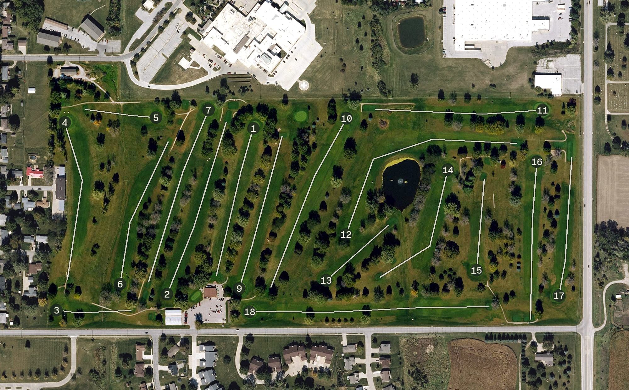 Aerial view of Nishna Hills Golf Club, IA, with its hole routing marked