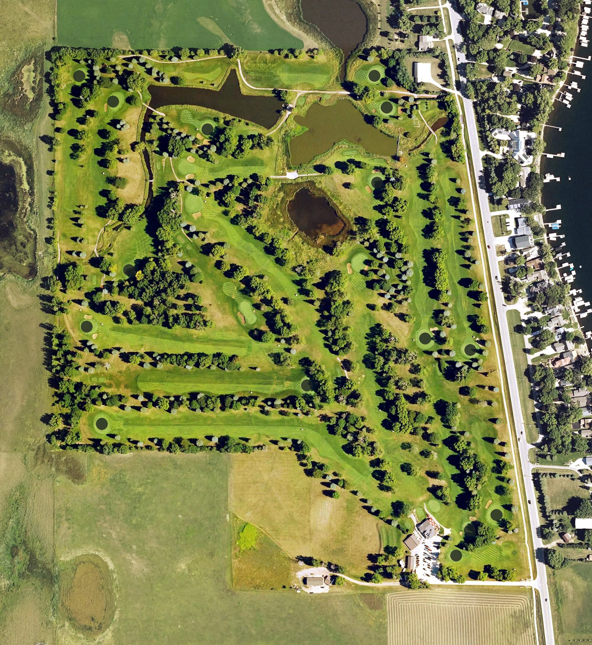 Aerial view of Okoboji View Golf Course, IA, with its hole routing marked