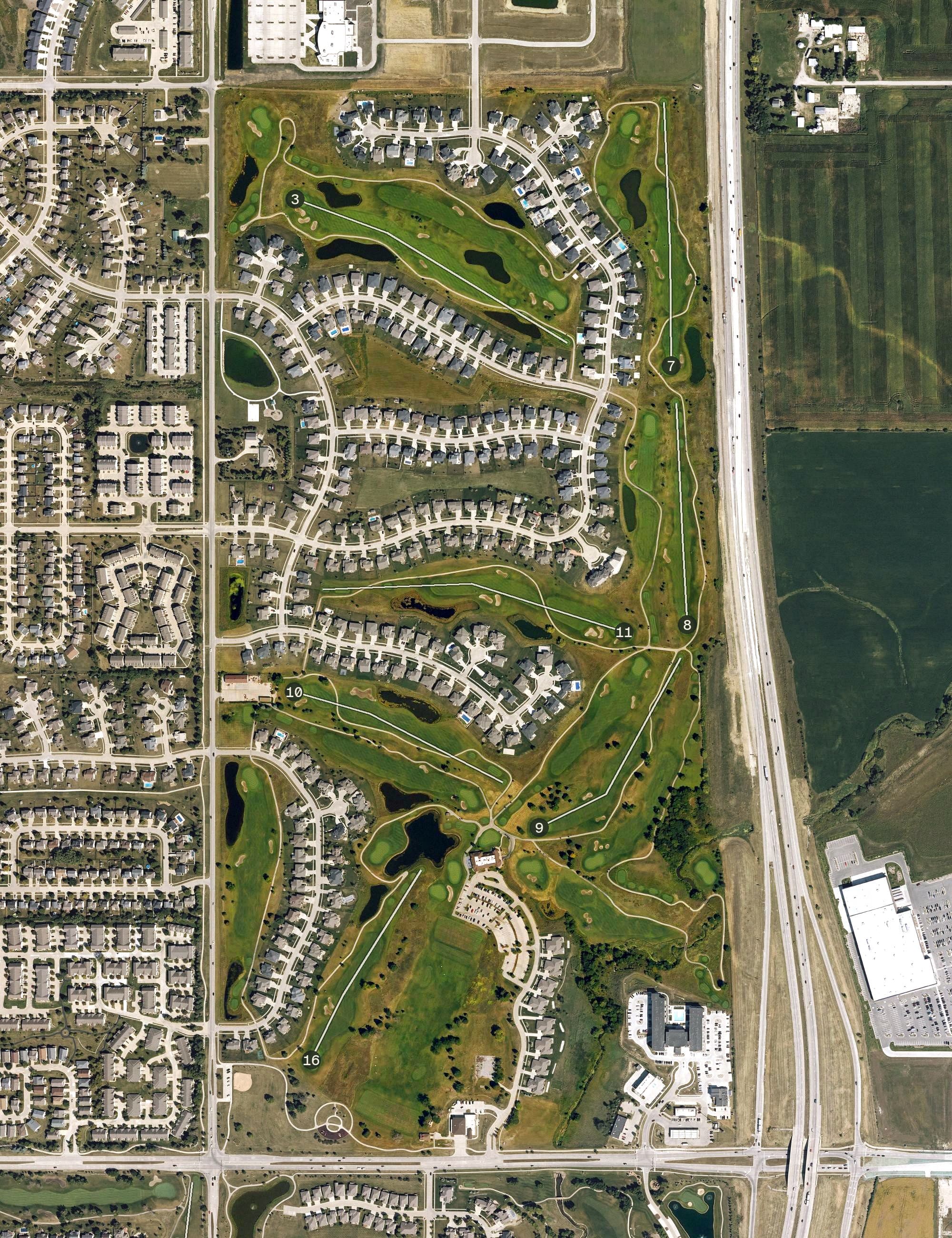 Aerial view of Otter Creek Golf Course, IA, with its hole routing marked