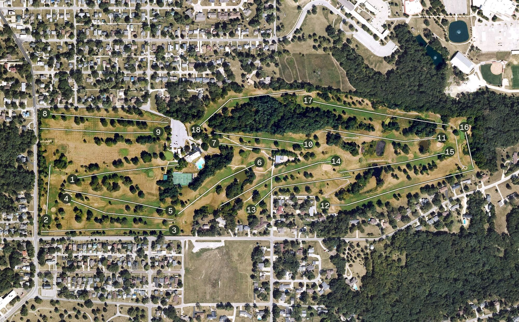 Aerial view of Ottumwa Country Club, IA, with its hole routing marked