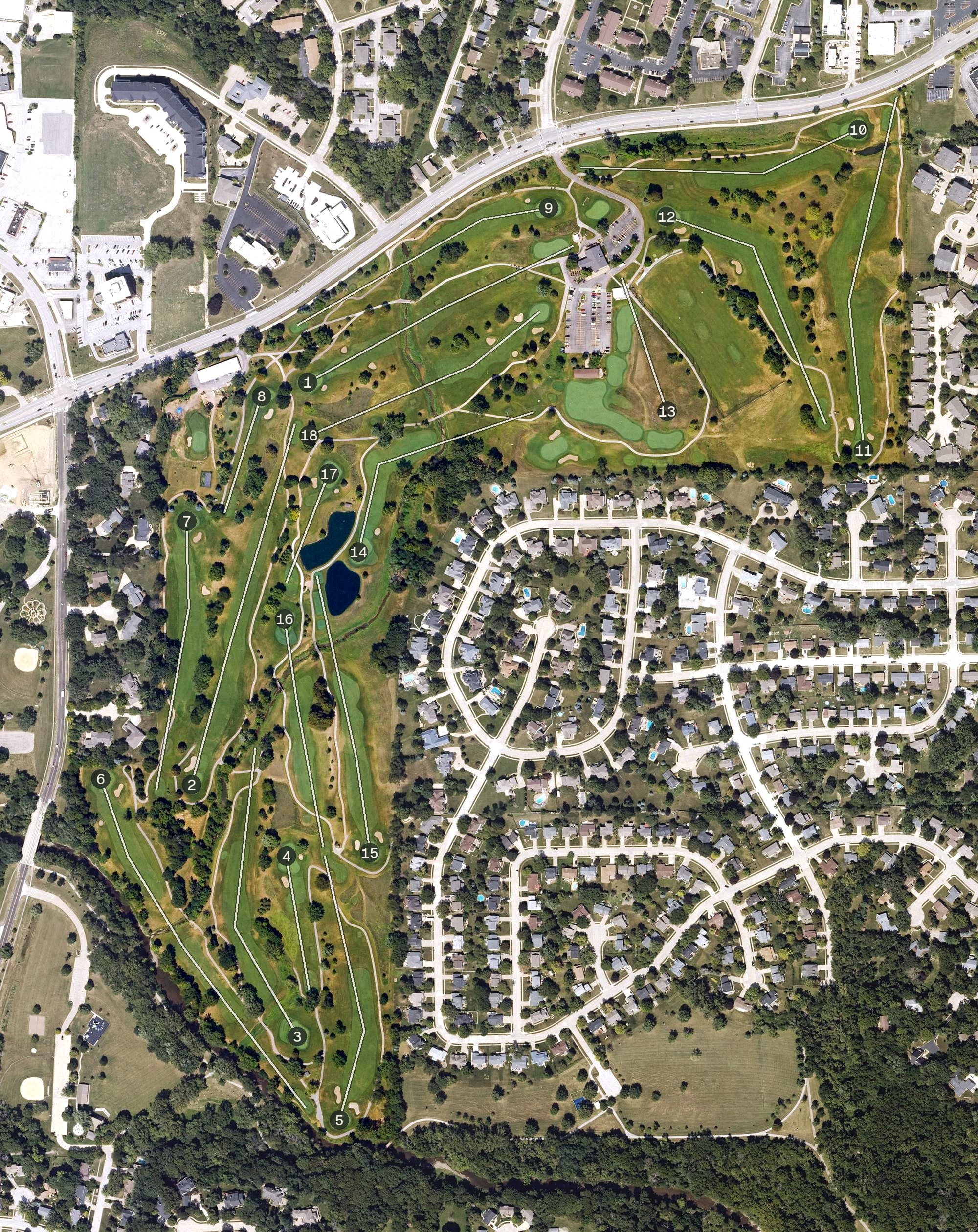Aerial view of Palmer Hills Golf Course, IA, with its hole routing marked