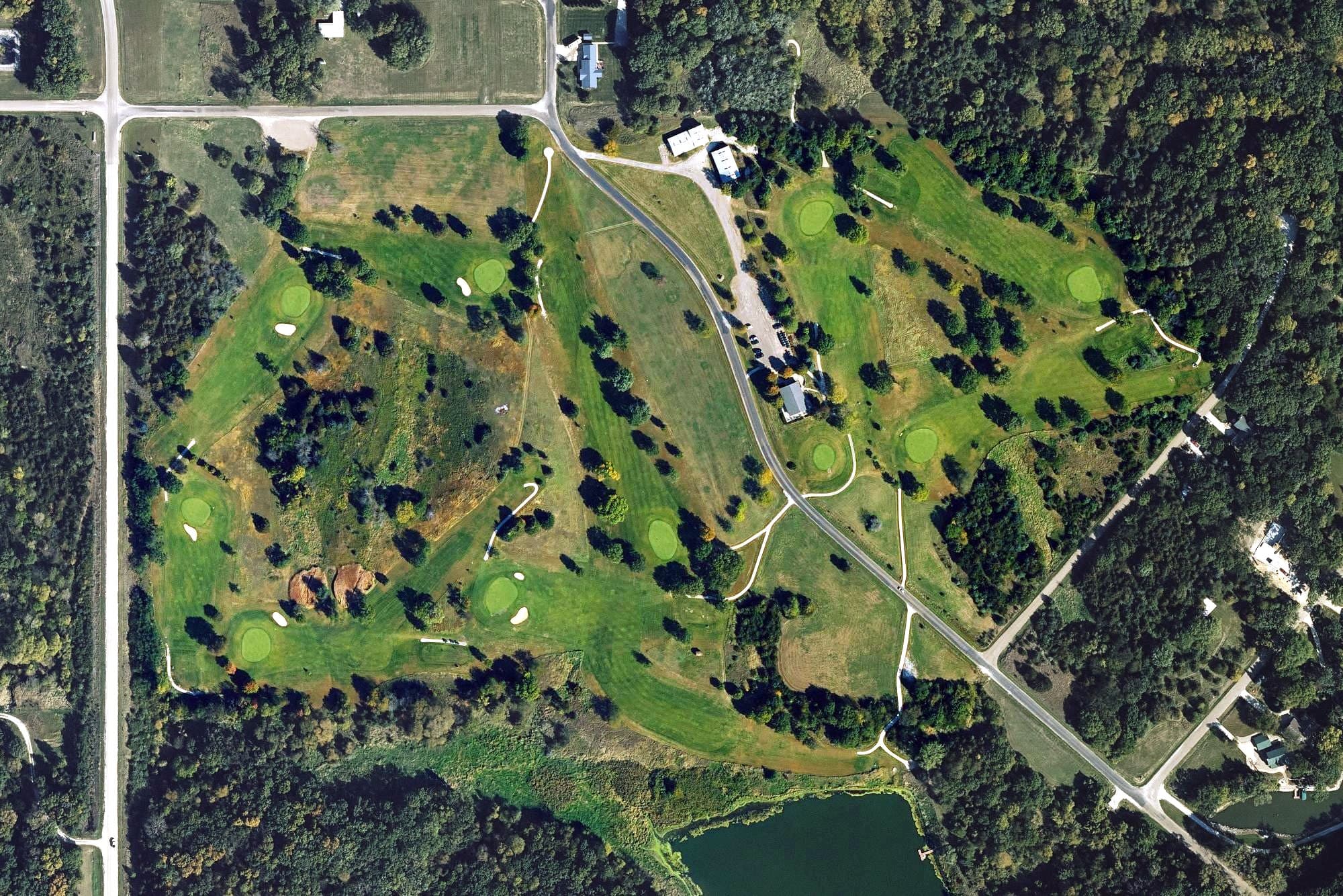 Aerial view of Panorama West Golf Course, IA, with its hole routing marked