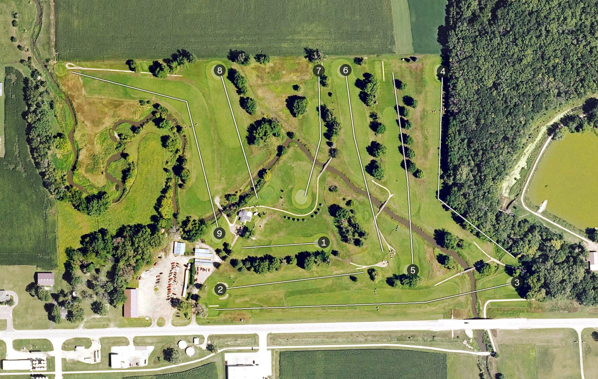 Aerial view of Paullina Golf Course, IA, with its hole routing marked