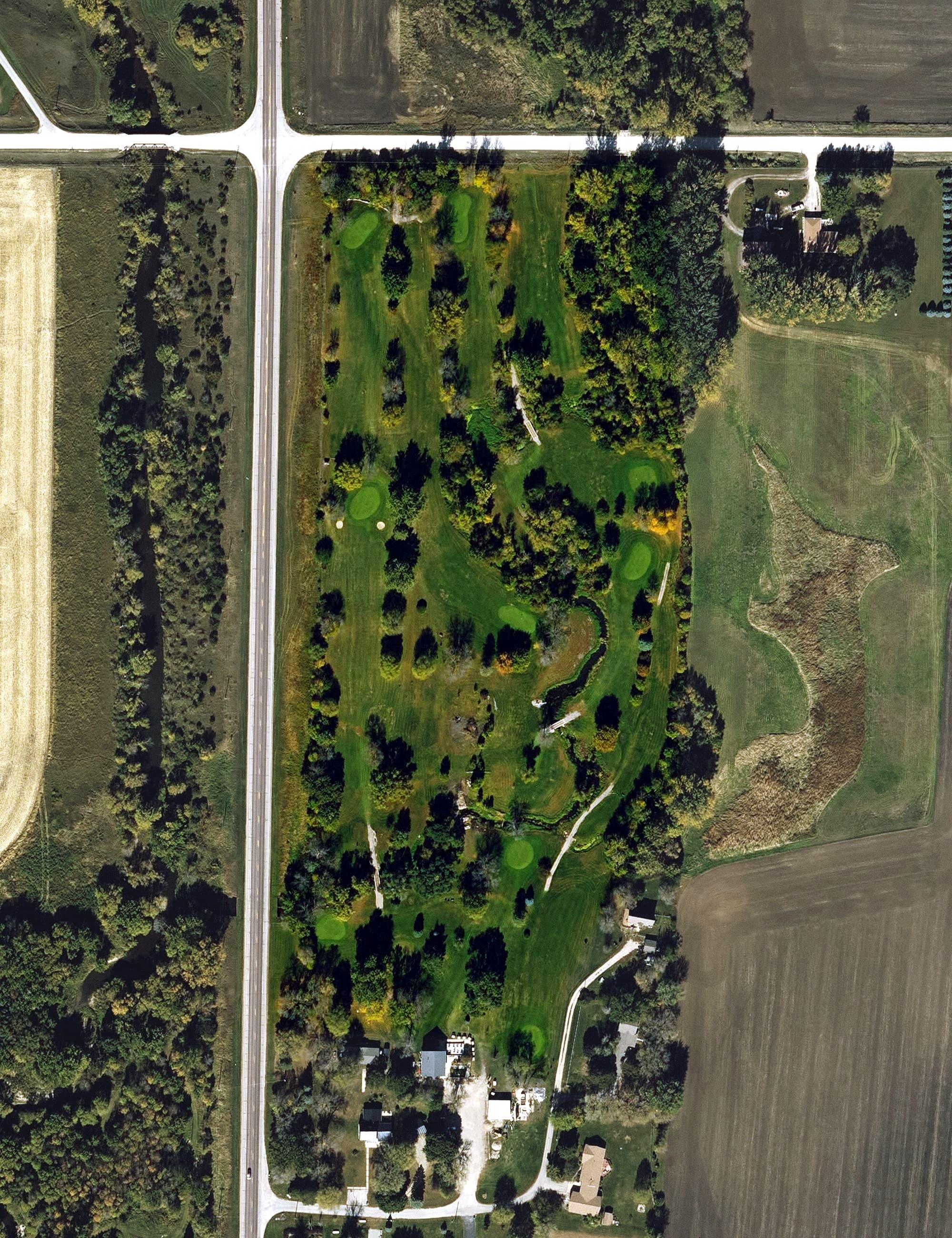 Aerial view of Pine Creek Golf Course, IA, with its hole routing marked
