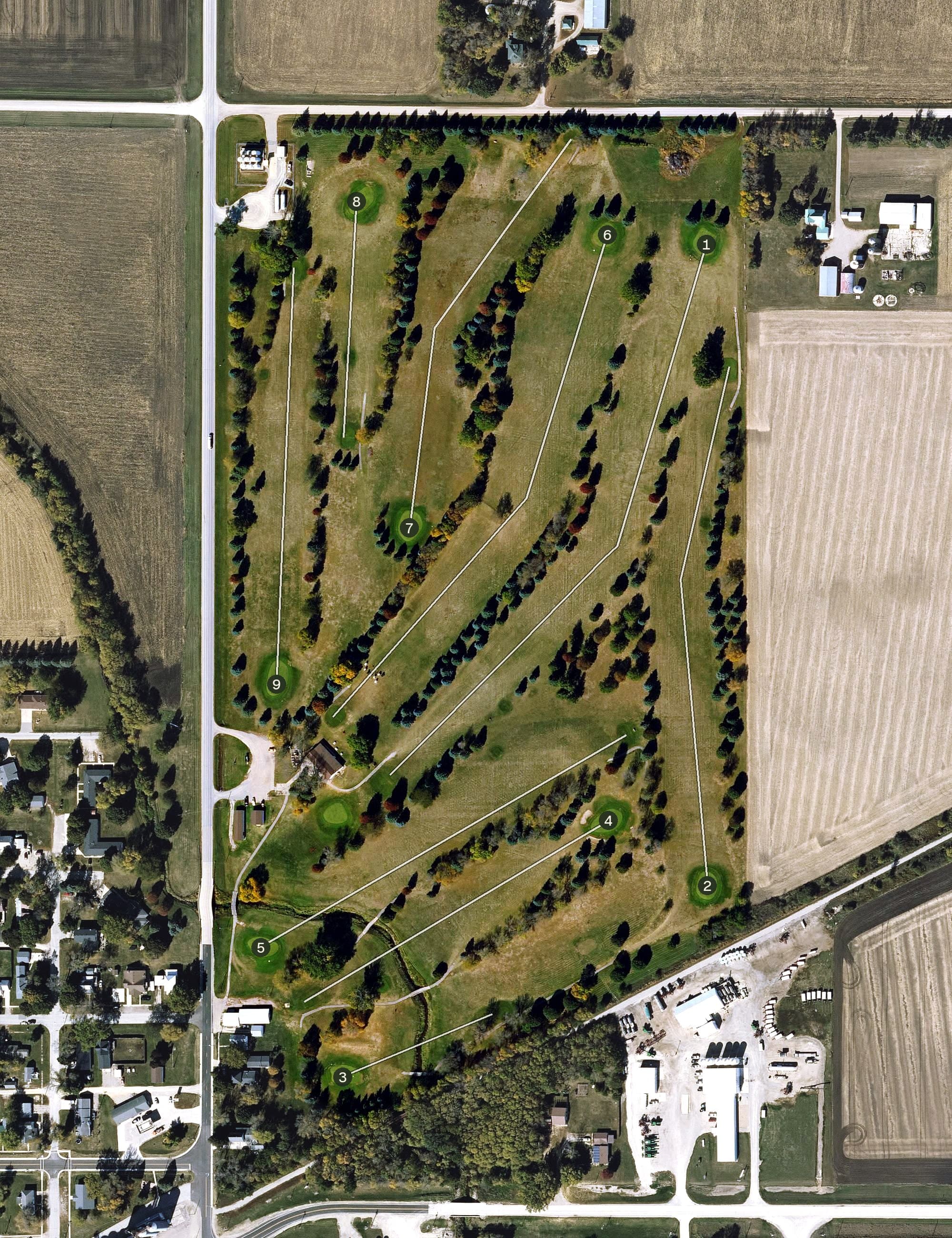 Aerial view of Pleasant Valley Golf Club, IA, with its hole routing marked