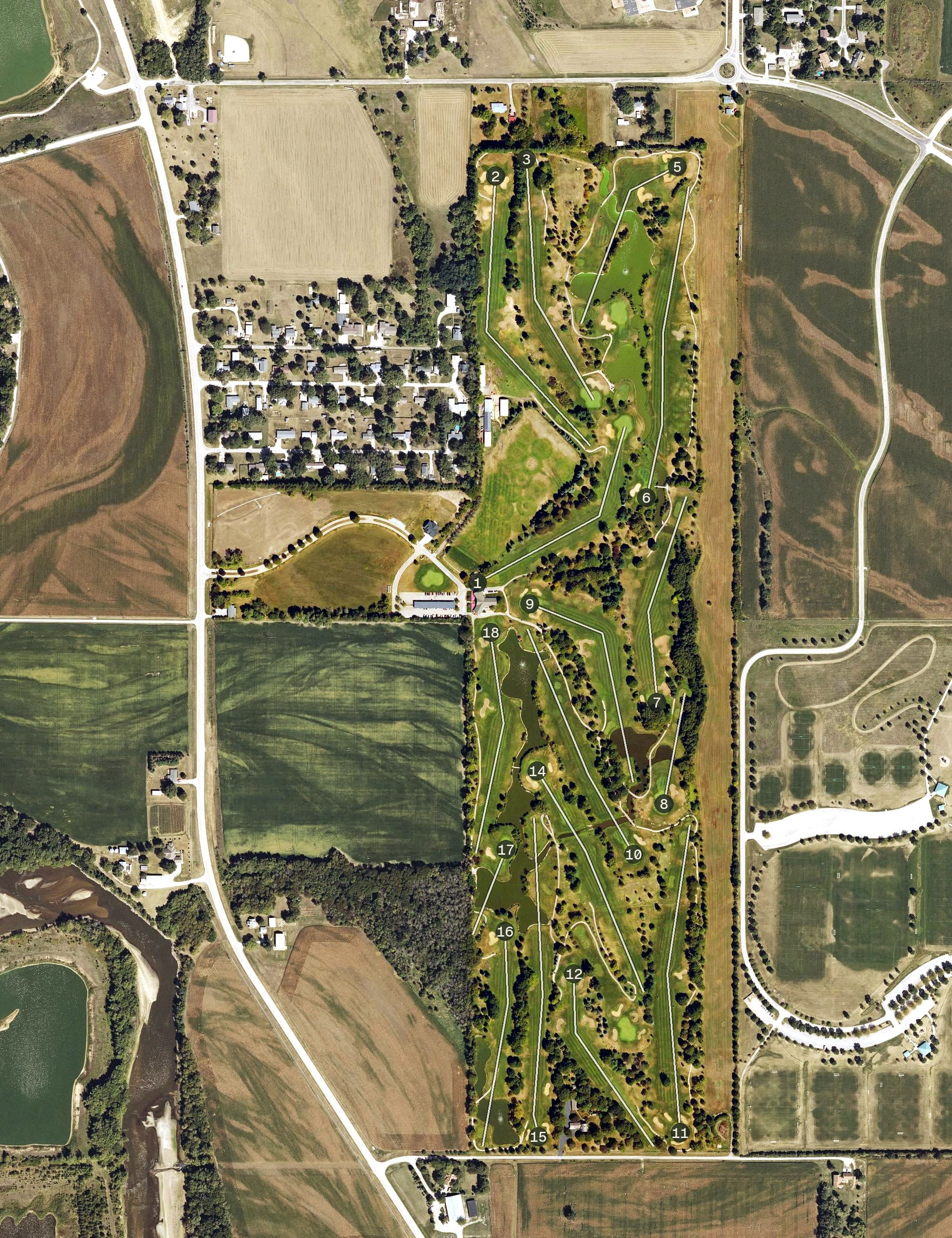 Aerial view of Pleasant Valley Golf Course, IA, with its hole routing marked