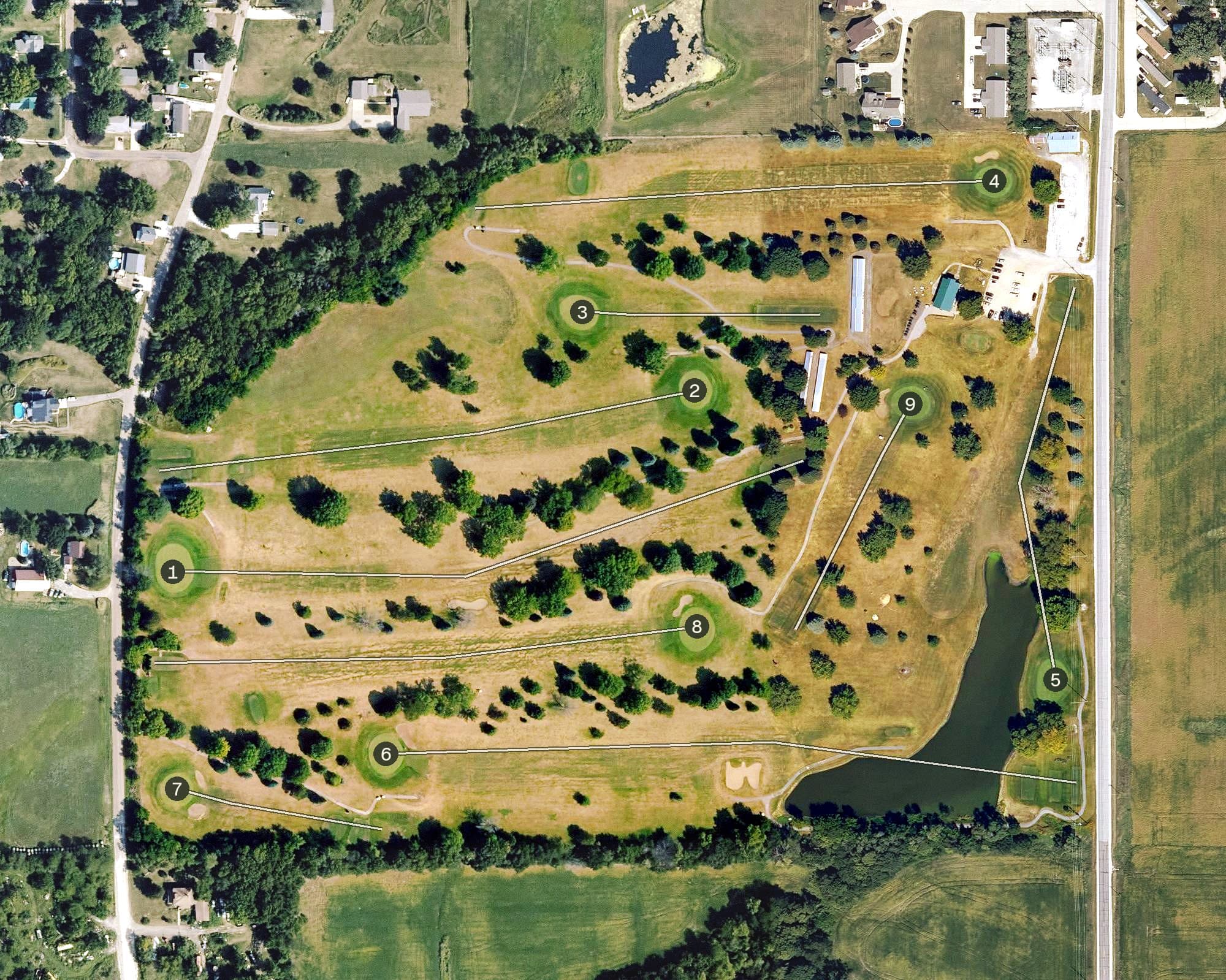 Aerial view of Pleasantville Golf & Country Club, IA, with its hole routing marked