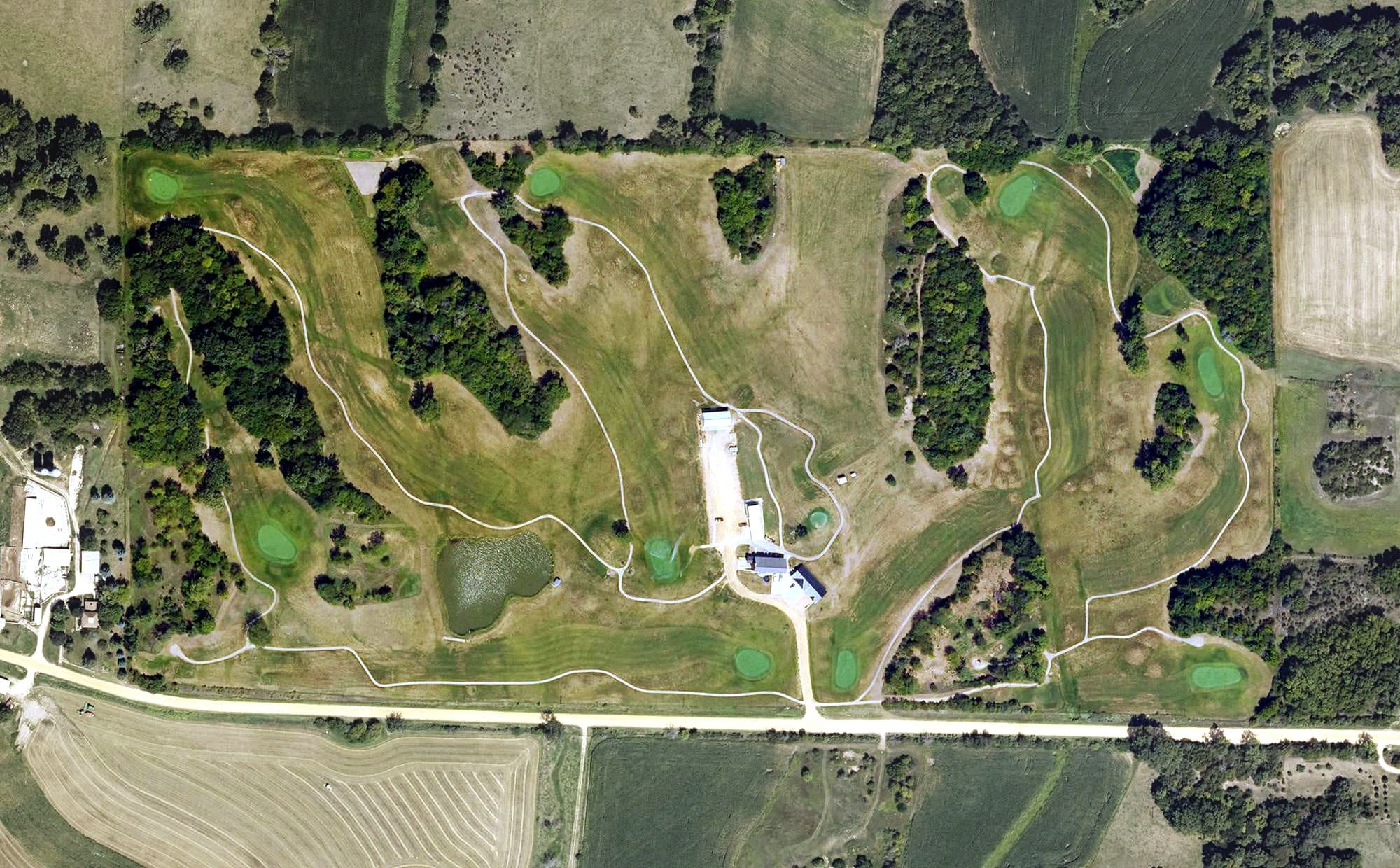 Aerial view of Plum River Golf Course, IA, with its hole routing marked