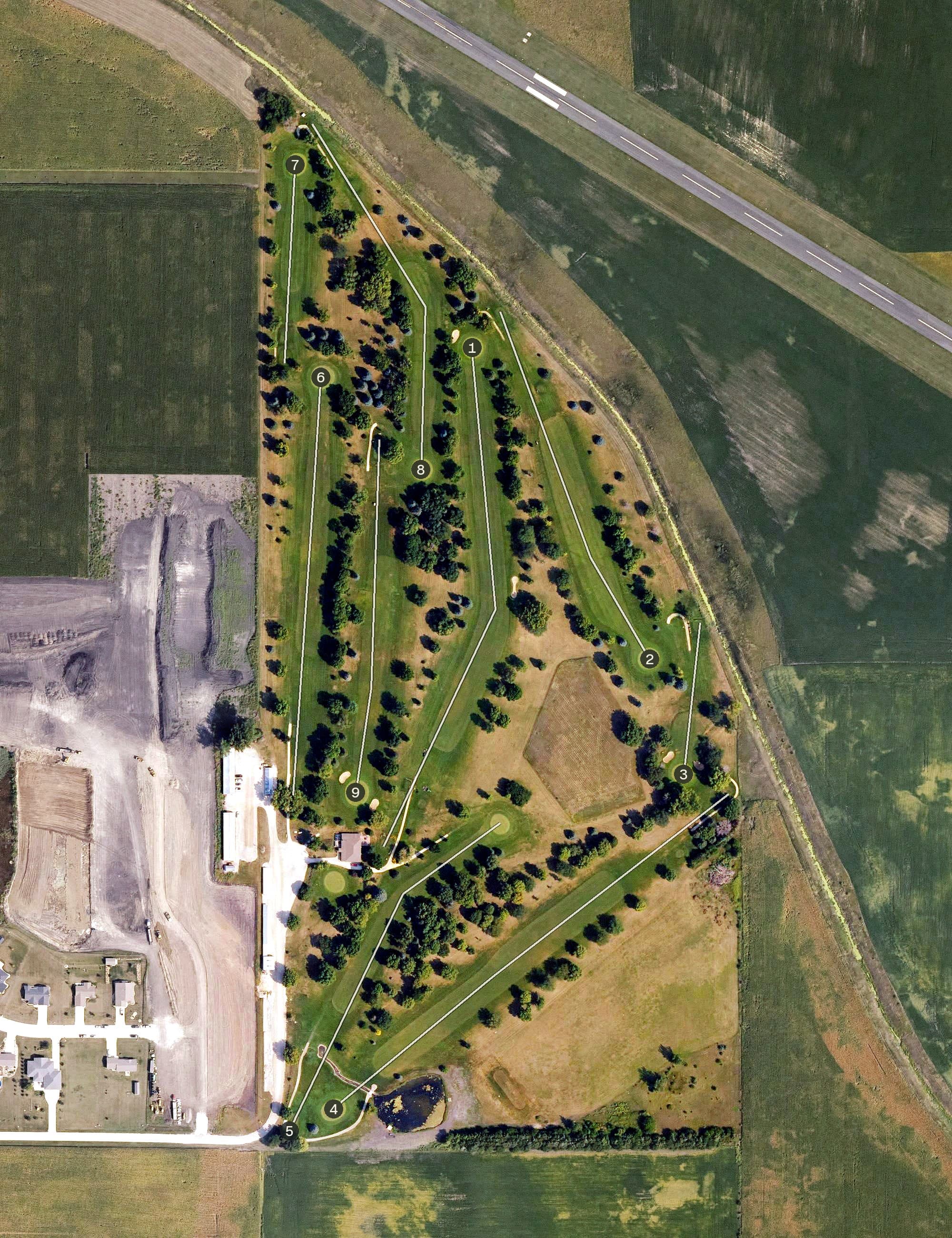 Aerial view of Pocahontas Golf Club, IA, with its hole routing marked