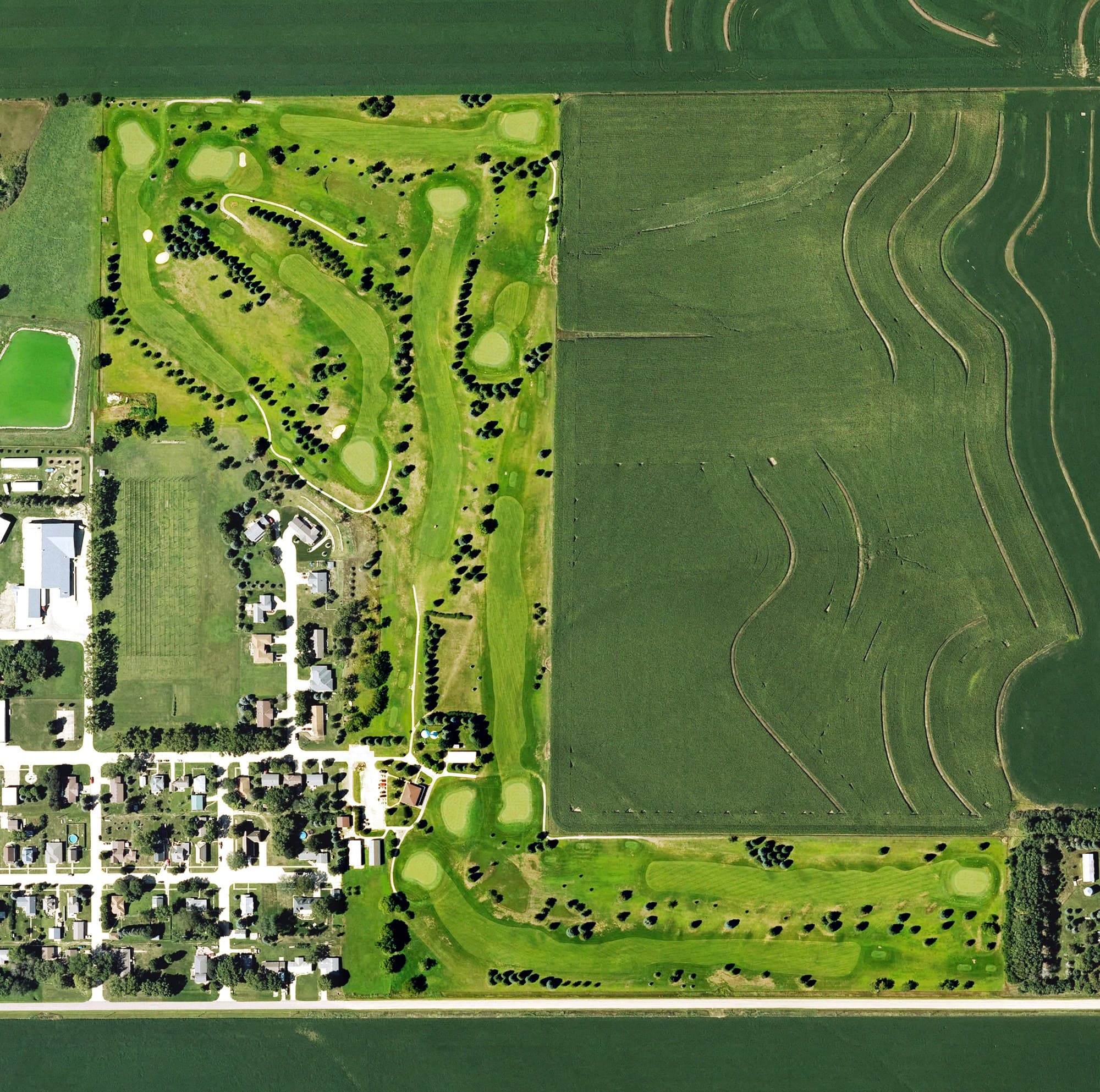 Aerial view of Prairie Rose Golf Club, IA, with its hole routing marked