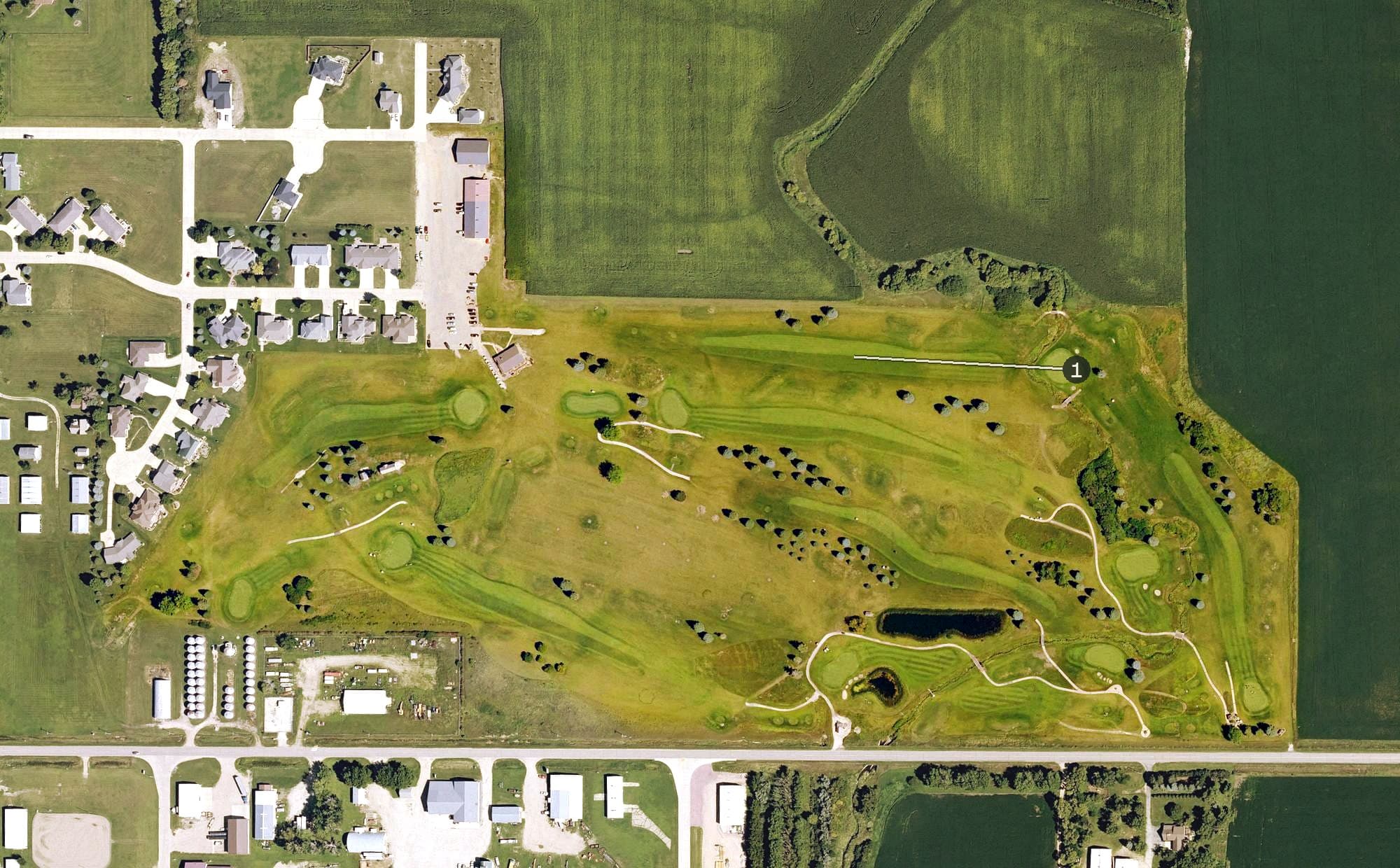 Aerial view of Primghar Golf and Country Club, IA, with its hole routing marked
