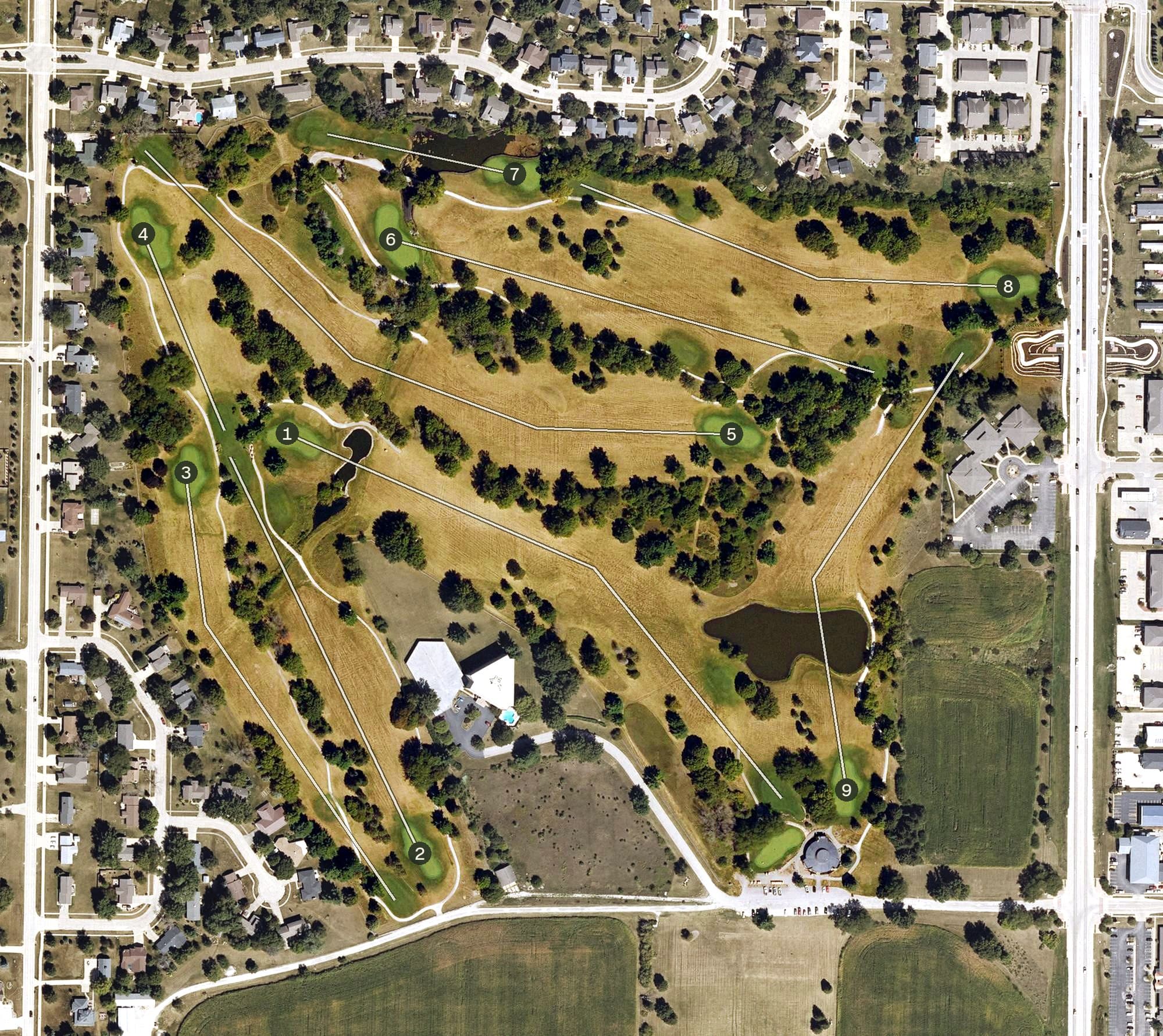 Aerial view of Quail Creek Golf Course, IA, with its hole routing marked