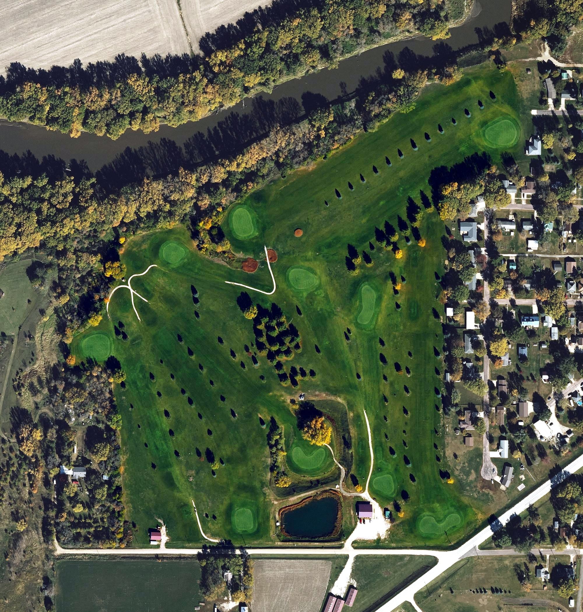 Aerial view of Quimby Golf Course, IA, with its hole routing marked