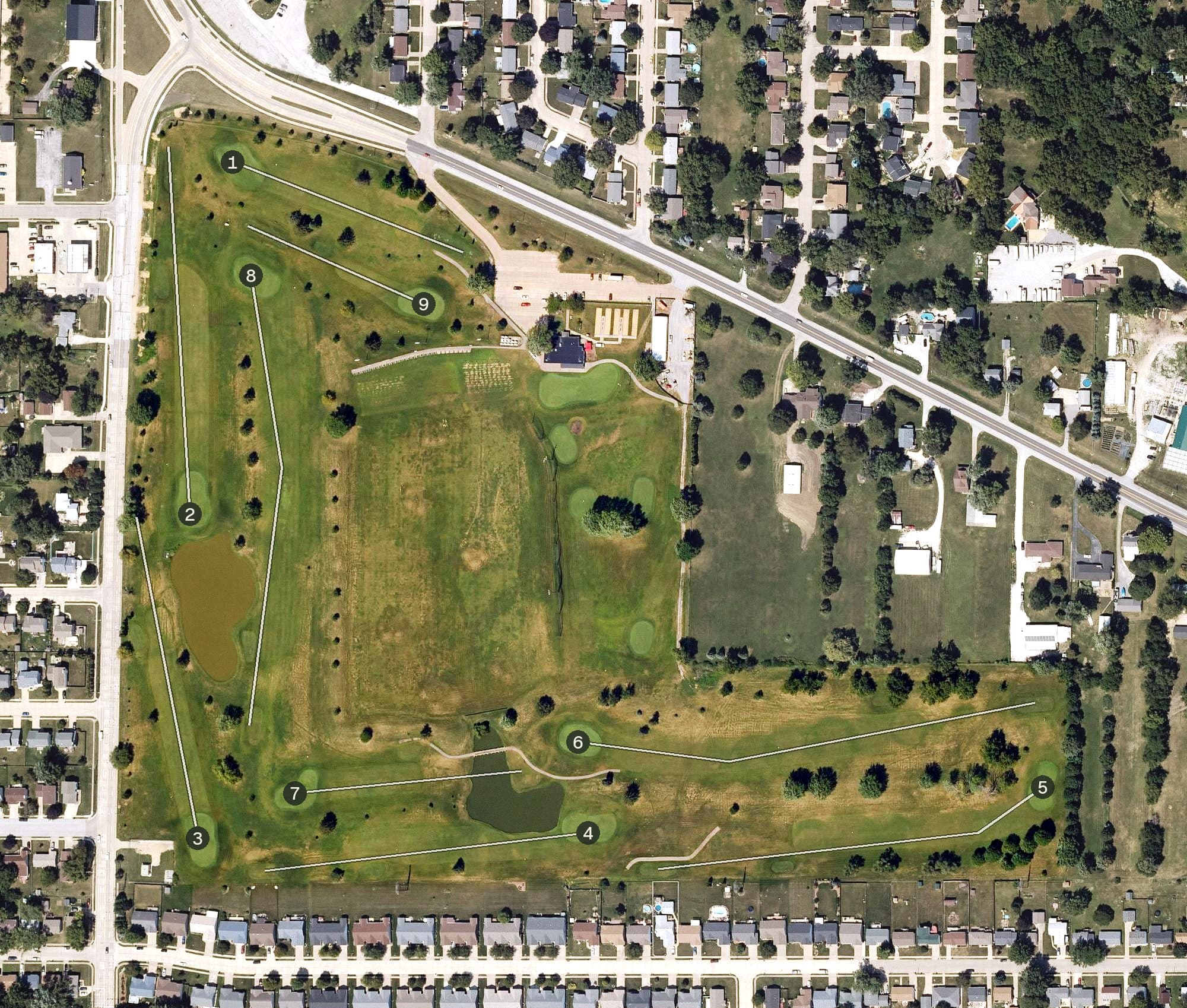 Aerial view of Red Hawk Golf Course & Learning Center, IA, with its hole routing marked