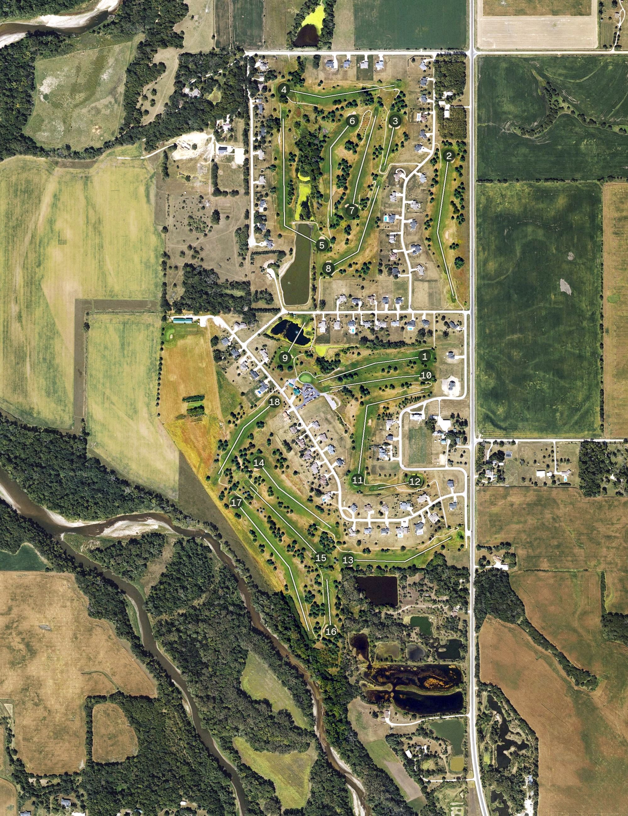 Aerial view of River Valley Golf Course, IA, with its hole routing marked