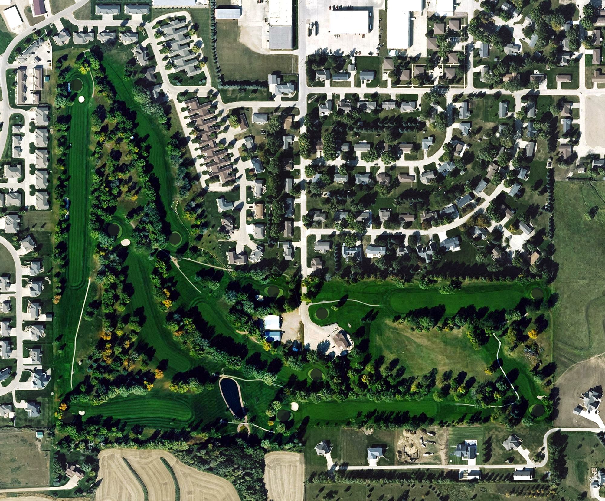 Aerial view of Rock Valley Golf Club, IA, with its hole routing marked