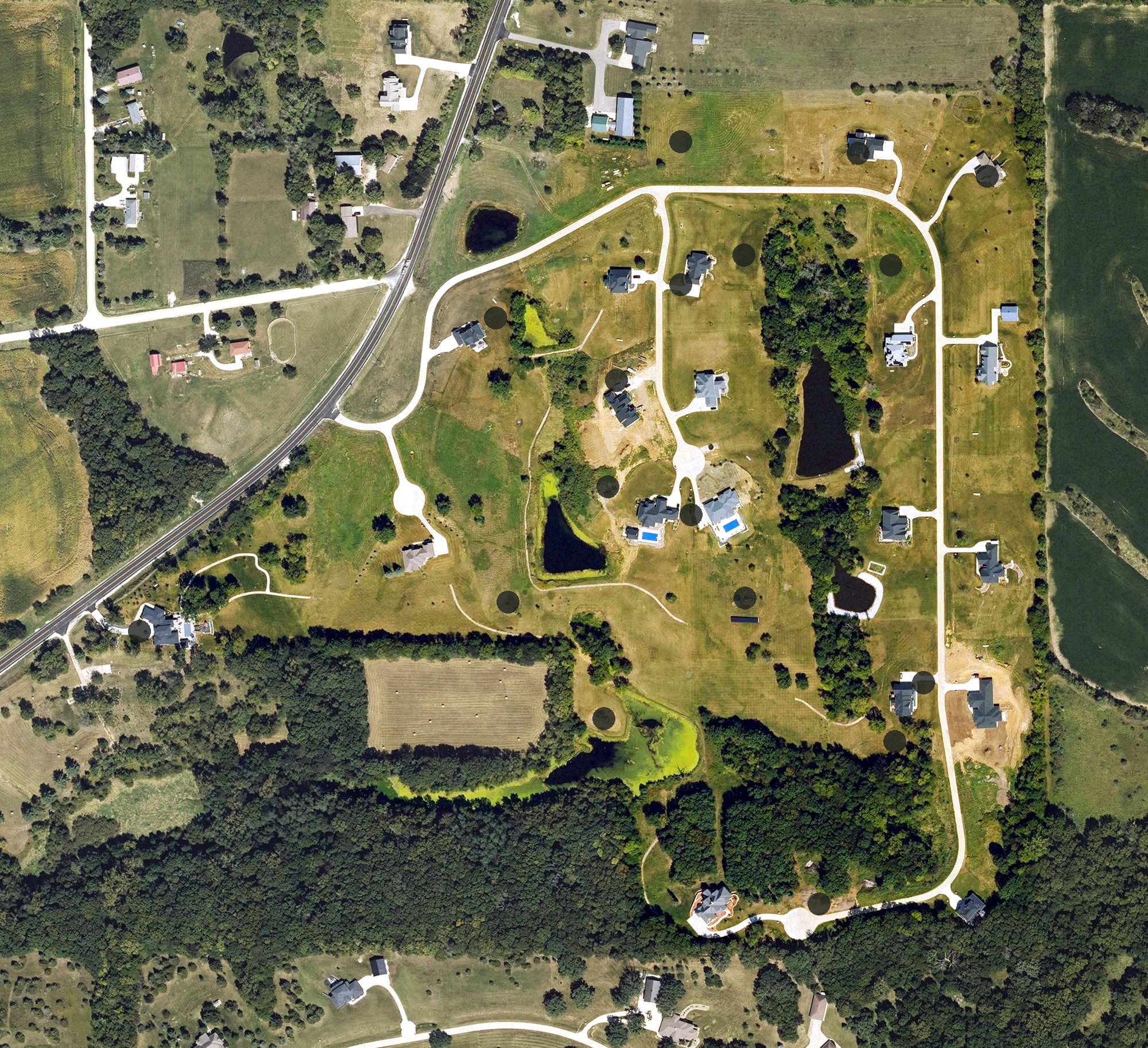 Aerial view of Rolling Hills Golf Course, IA, with its hole routing marked