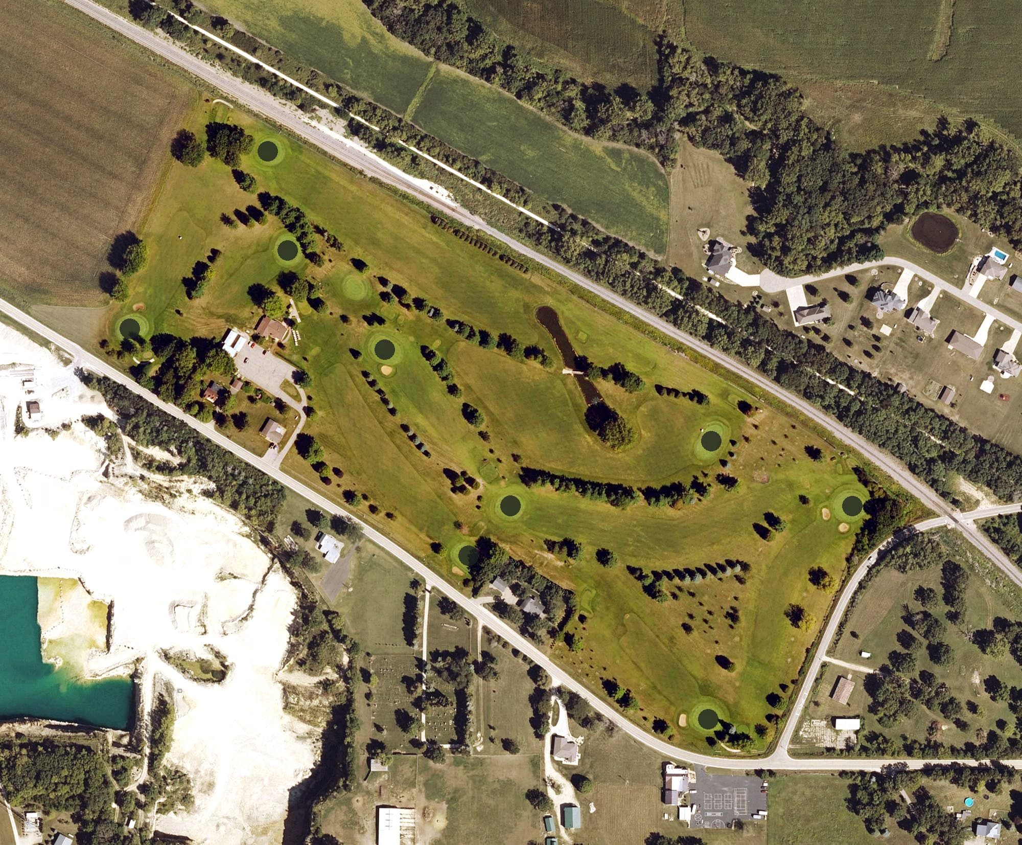 Aerial view of Rolling Knolls Golf Course, IA, with its hole routing marked