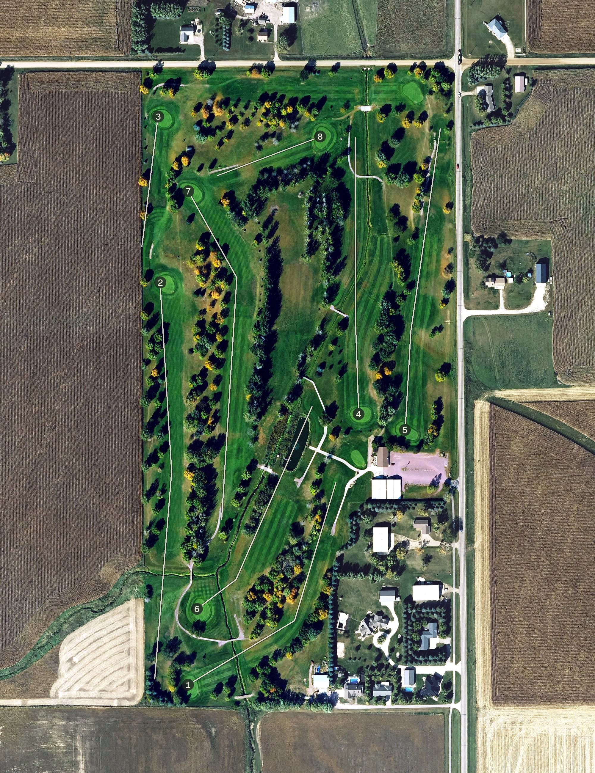 Aerial view of Rooling Hills Golf Course, IA, with its hole routing marked