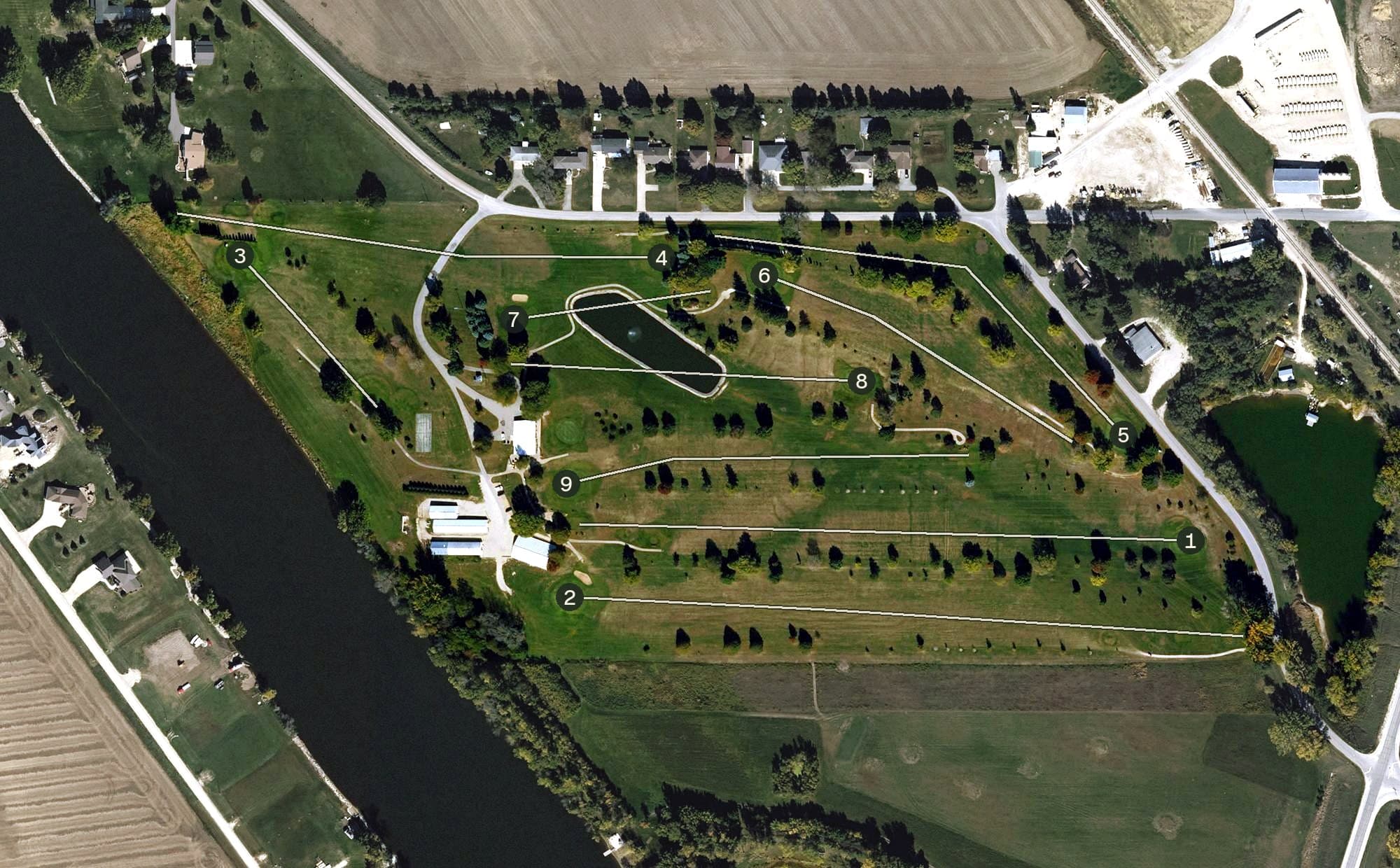 Aerial view of Round Grove Golf and Country Club, IA, with its hole routing marked