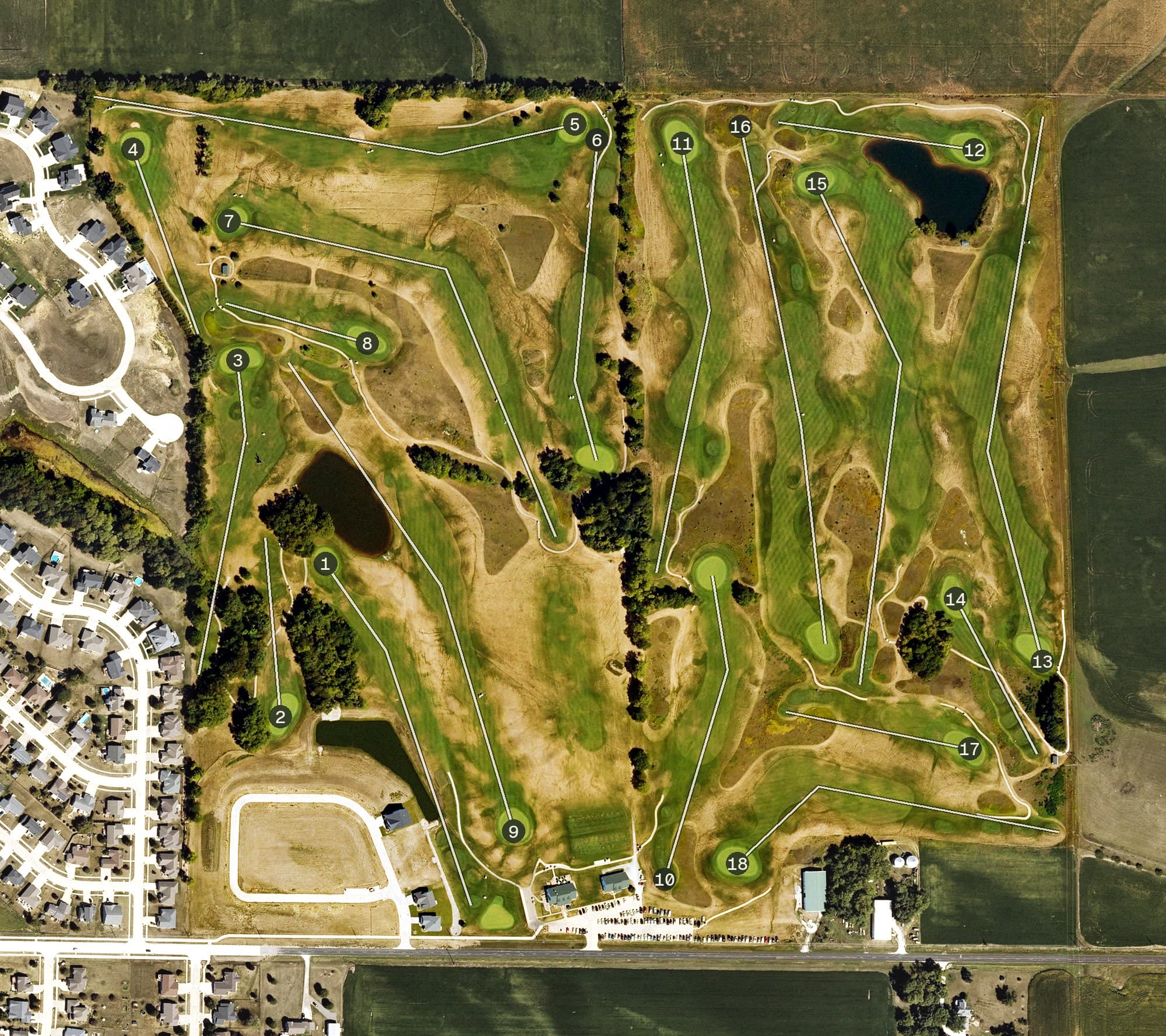 Aerial view of Saddleback Ridge Golf Course, IA, with its hole routing marked