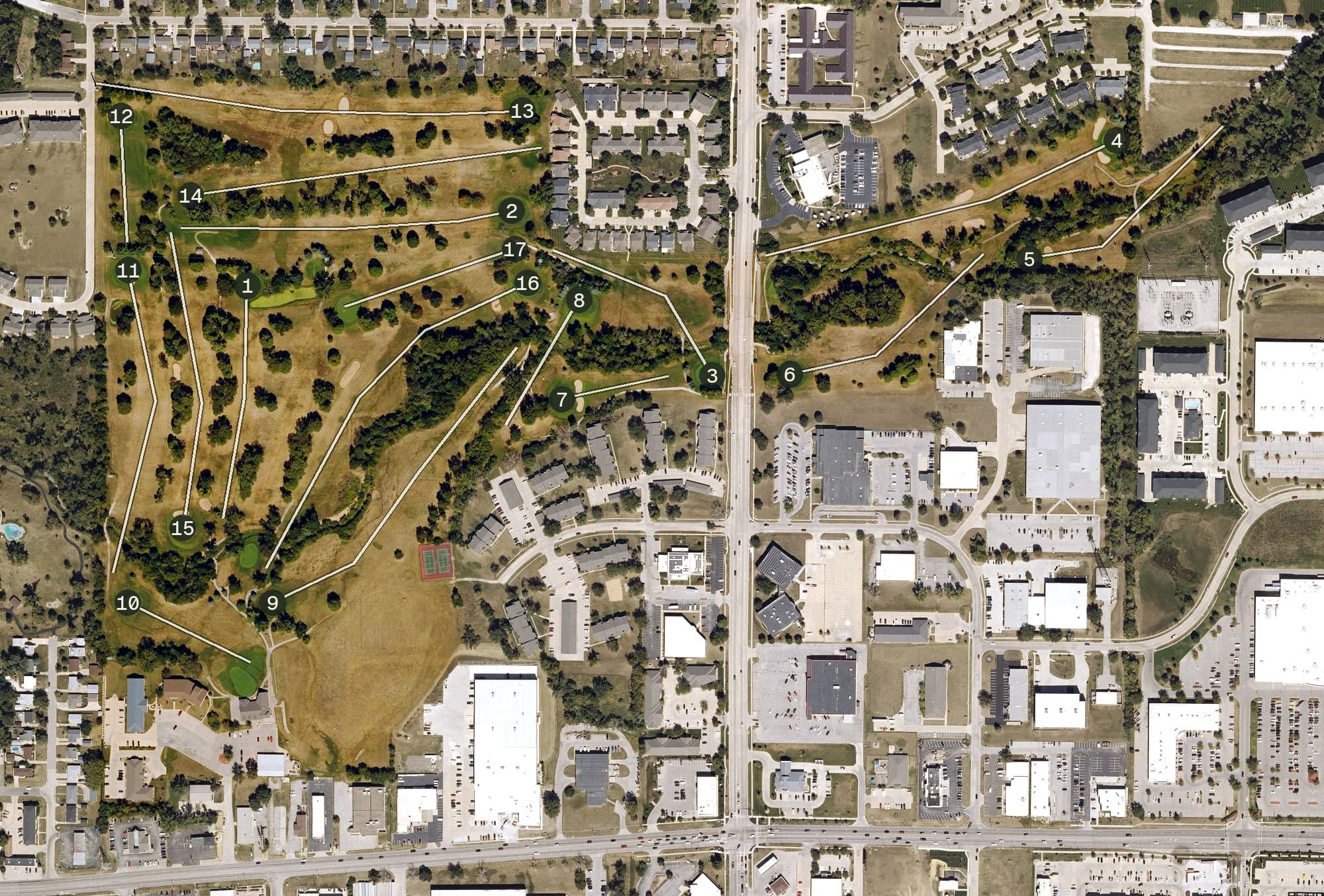 Aerial view of Saint Andrews Golf Course, IA, with its hole routing marked