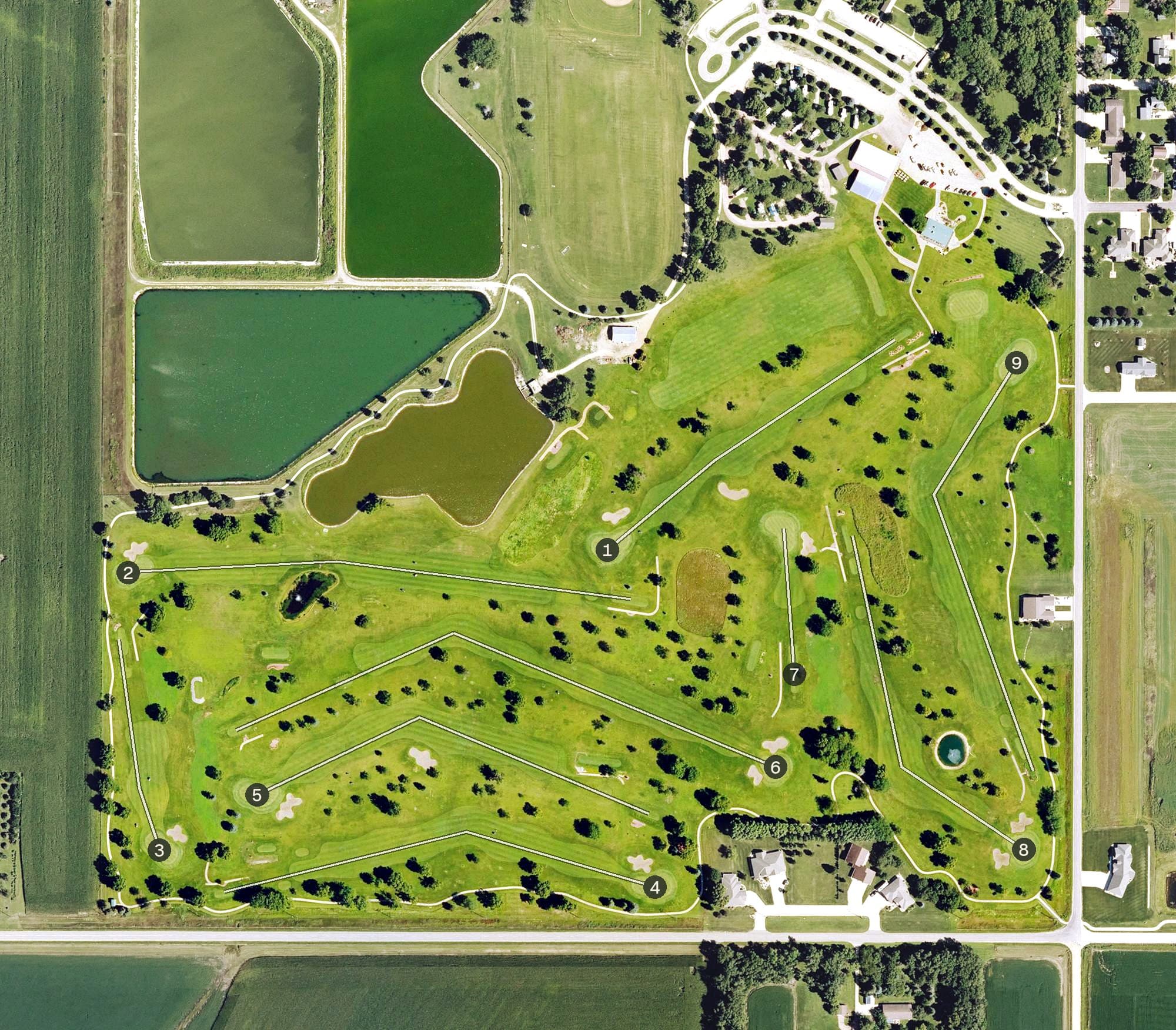 Aerial view of Sanborn Golf and Country Club, IA, with its hole routing marked