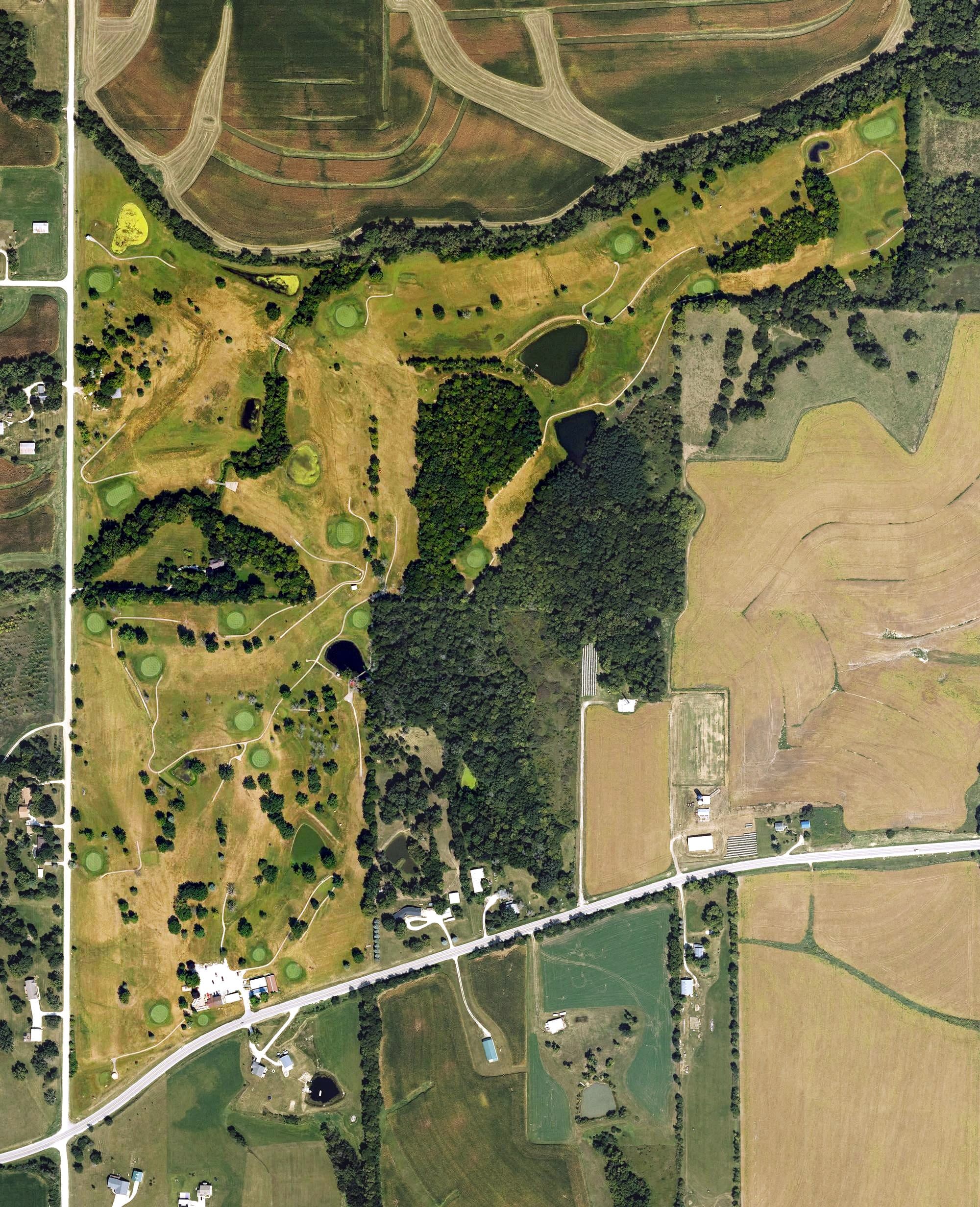Aerial view of Shady Oaks Golf Course, IA, with its hole routing marked