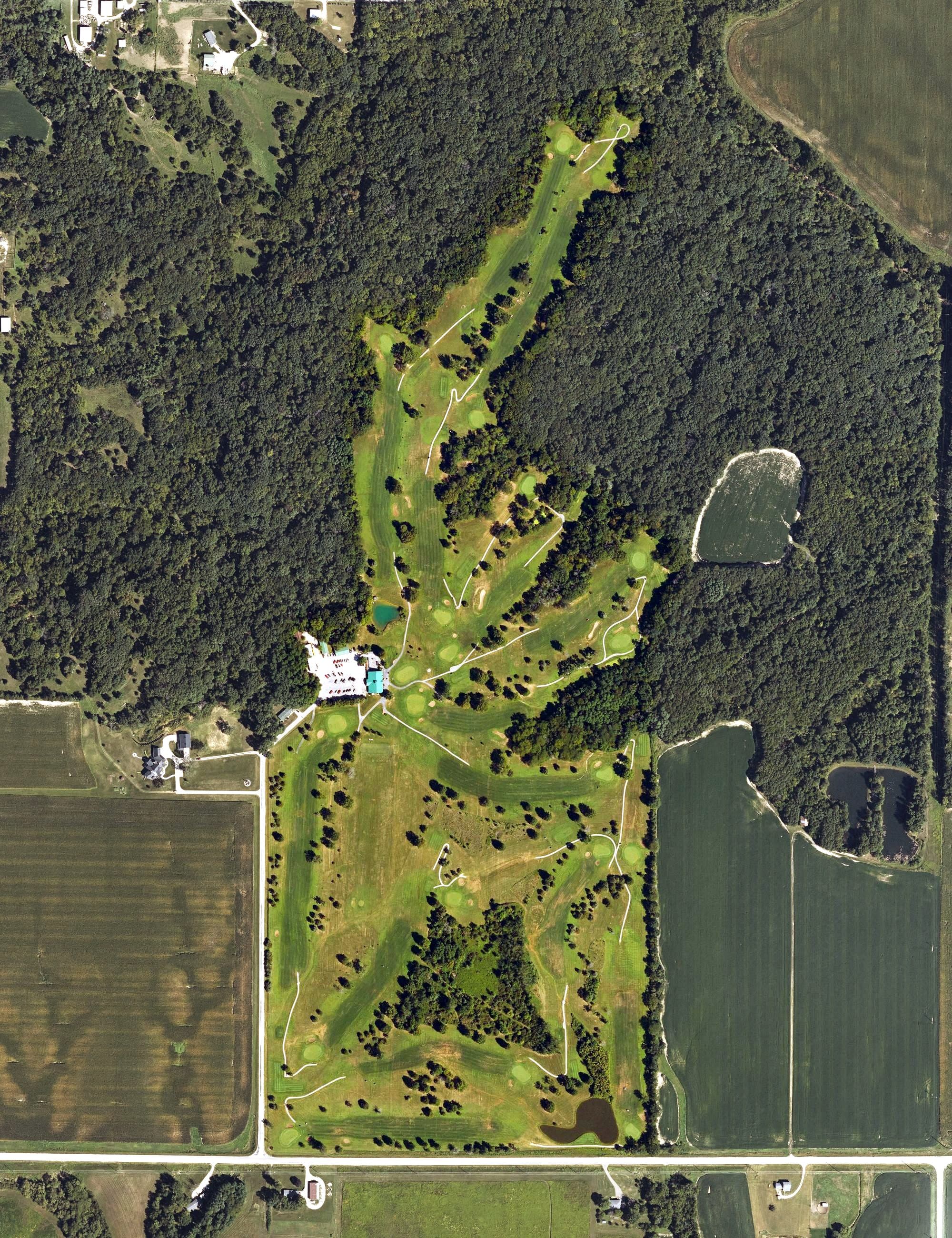 Aerial view of Sheaffer Memorial Golf Park, IA, with its hole routing marked