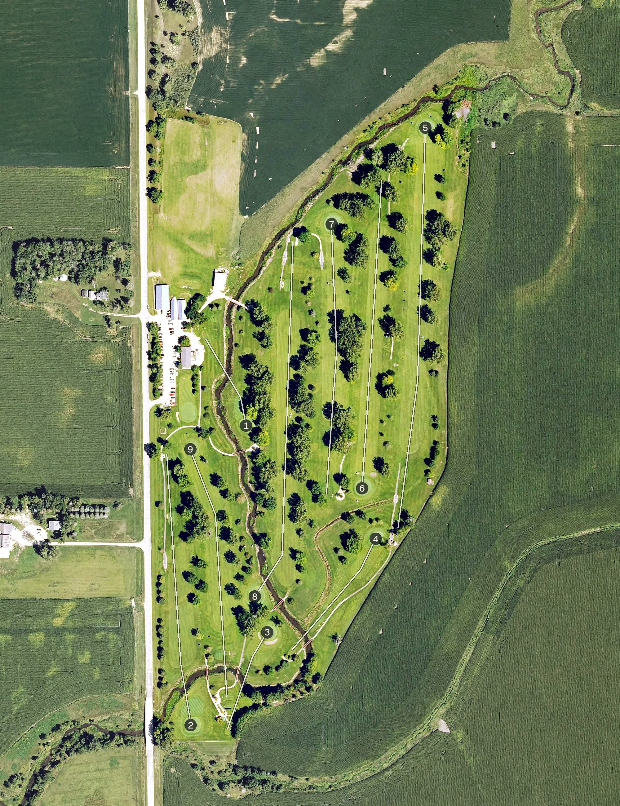 Aerial view of Sheldon Golf and Country Club, IA, with its hole routing marked
