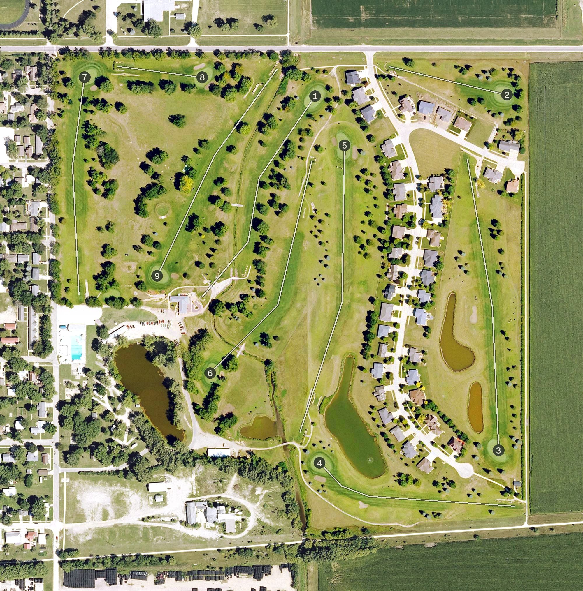 Aerial view of Sibley Golf and Country Club, IA, with its hole routing marked