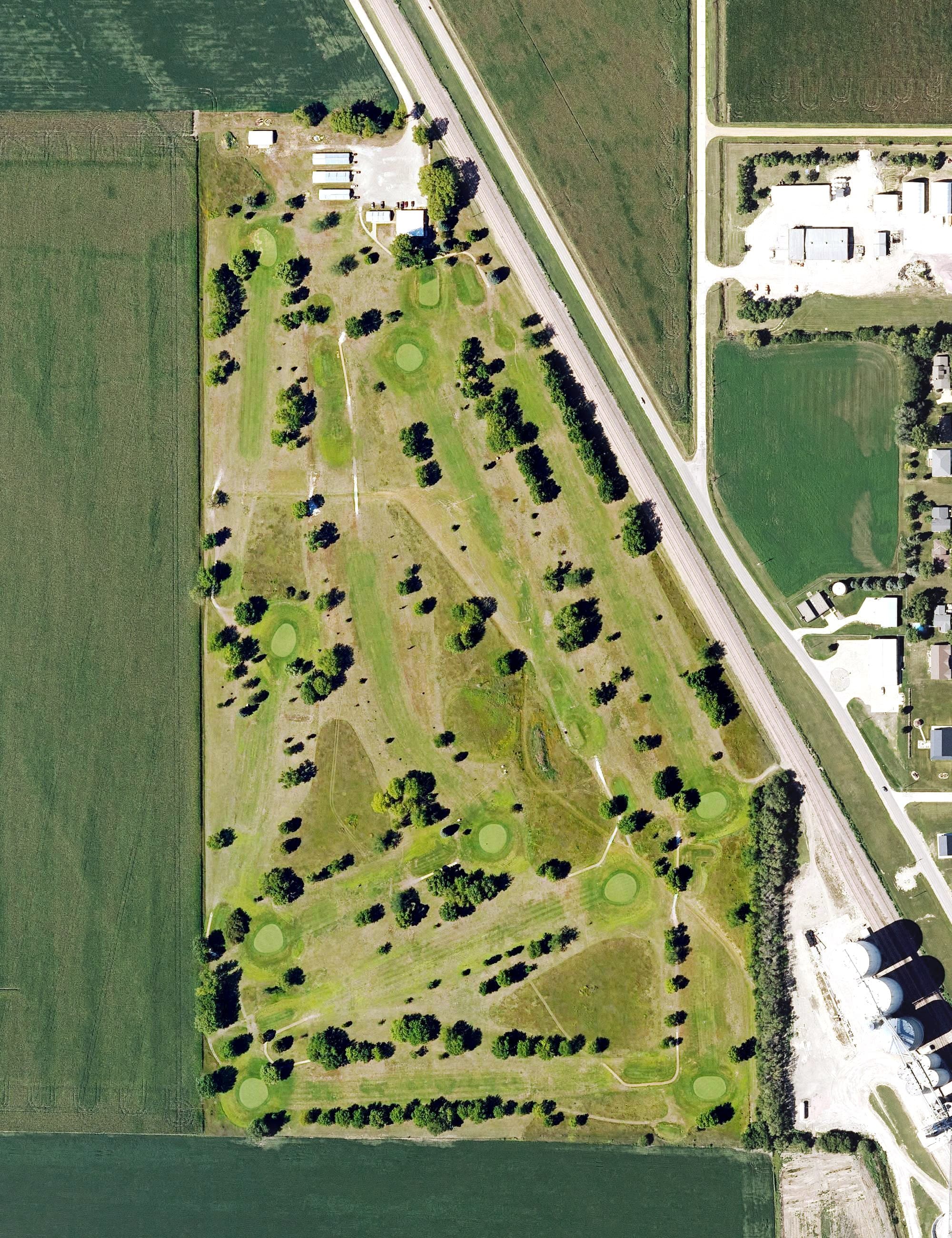 Aerial view of Sloan Golf Course, IA, with its hole routing marked