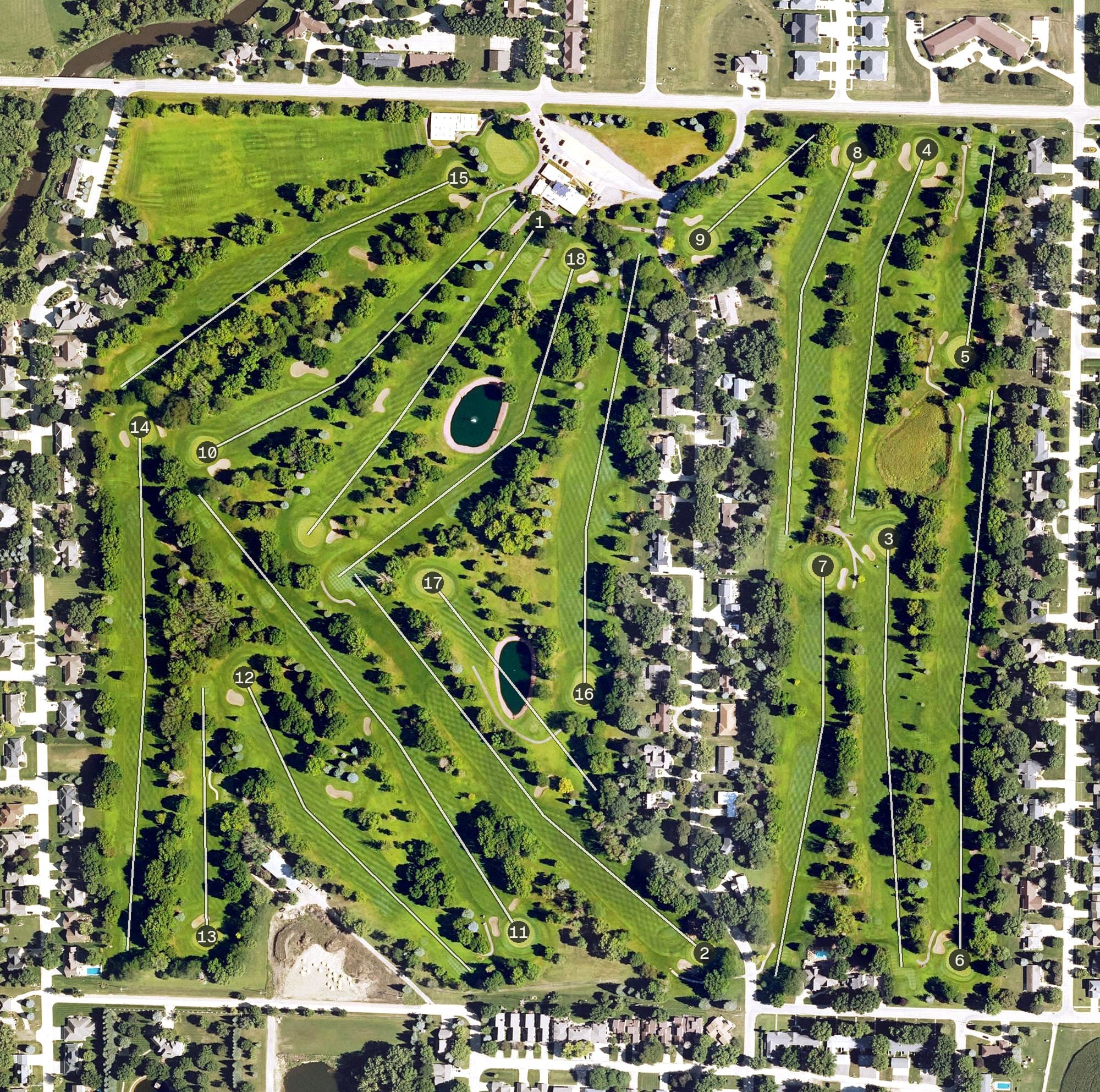 Aerial view of Spencer Golf and Country Club, IA, with its hole routing marked