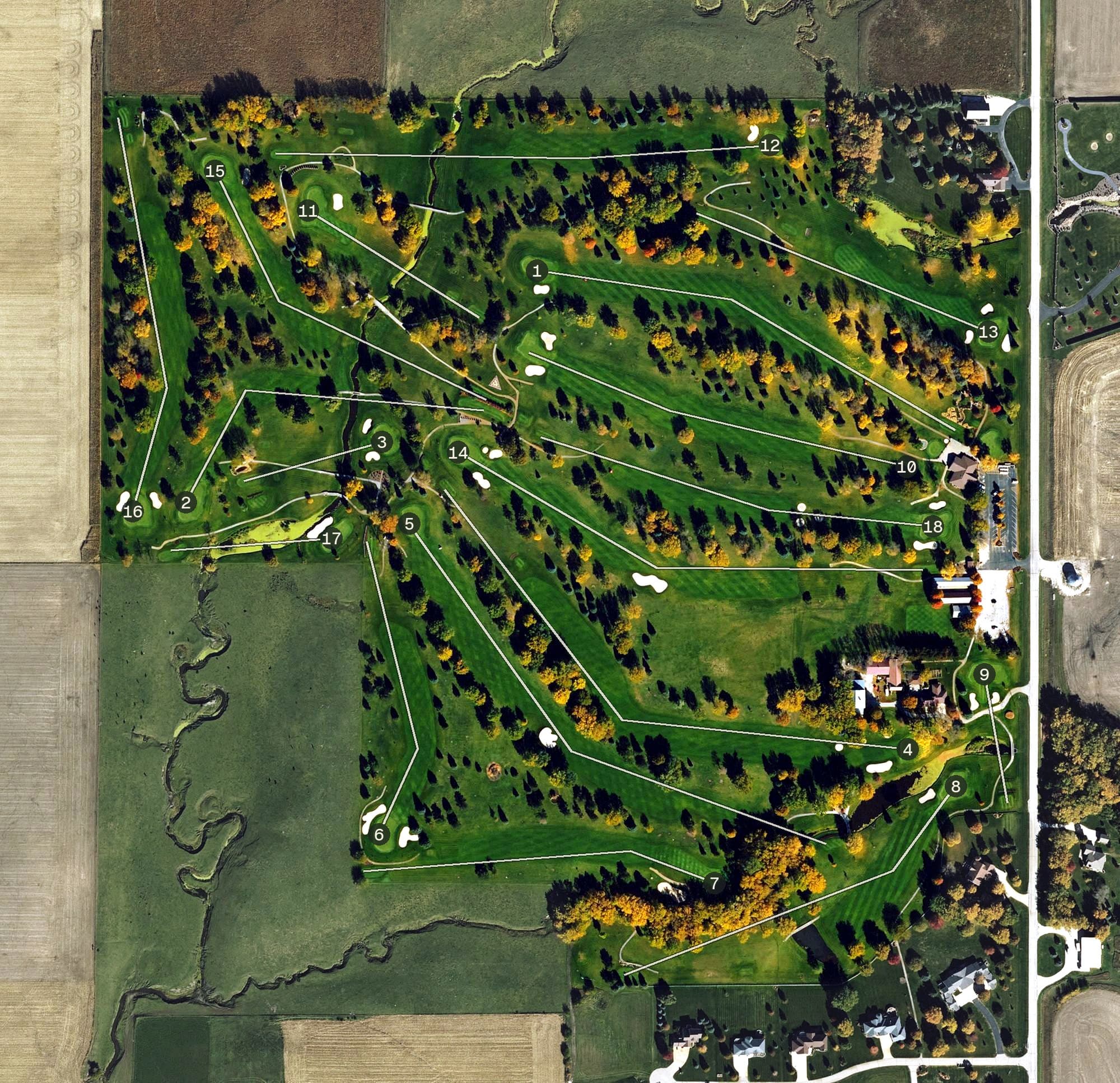 Aerial view of Spring Valley Golf Course, IA, with its hole routing marked