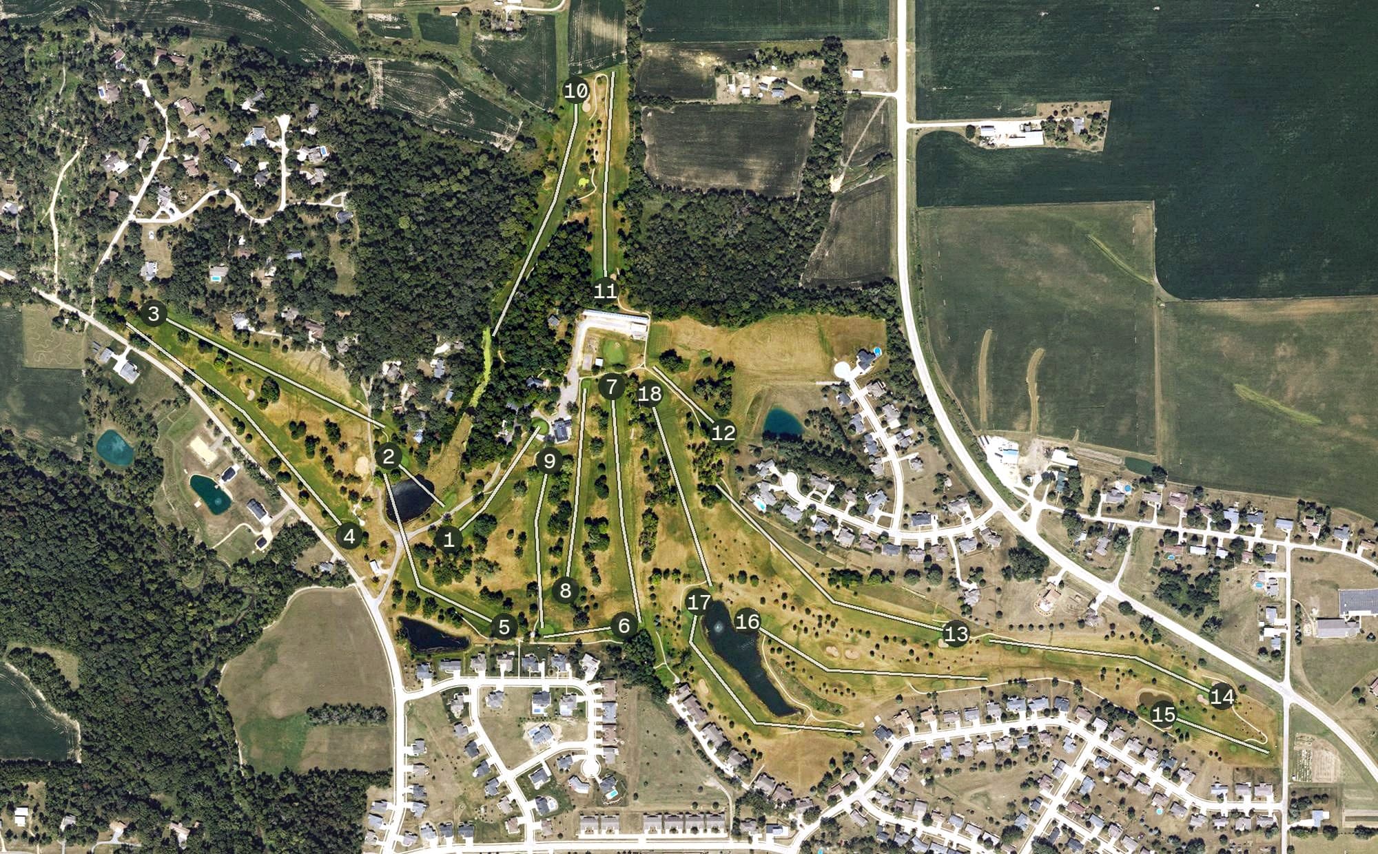 Aerial view of Springbrook Country Club, IA, with its hole routing marked