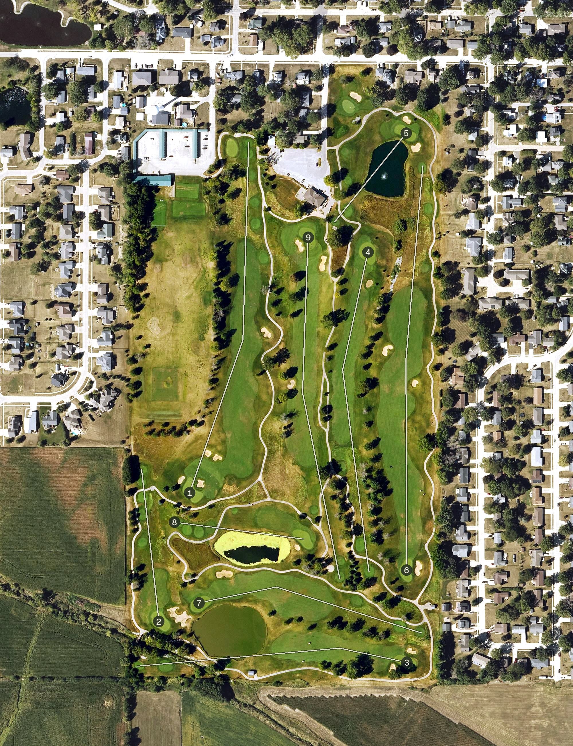 Aerial view of Stone Creek Golf Club, IA, with its hole routing marked