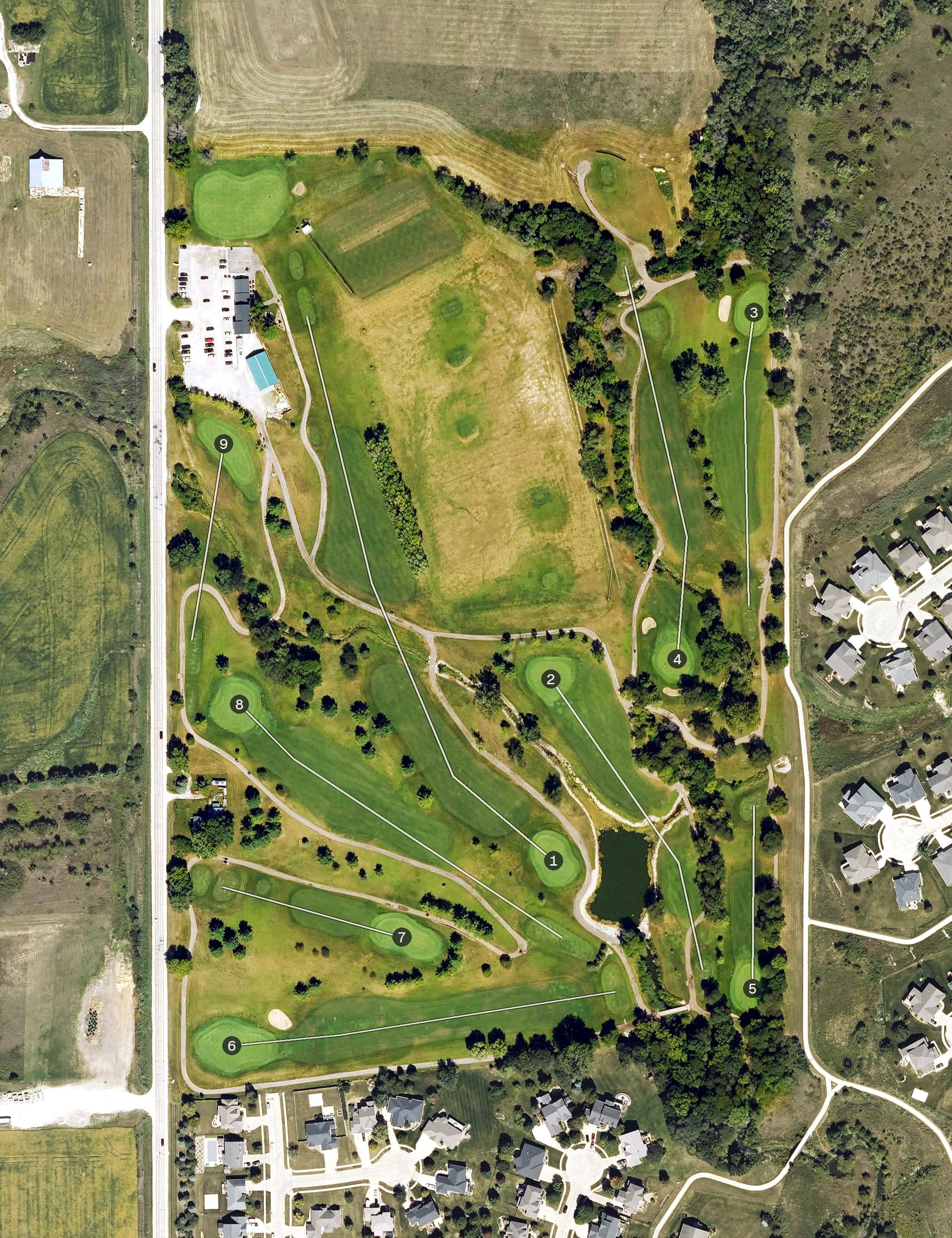 Aerial view of Sugar Creek Golf Course, IA, with its hole routing marked