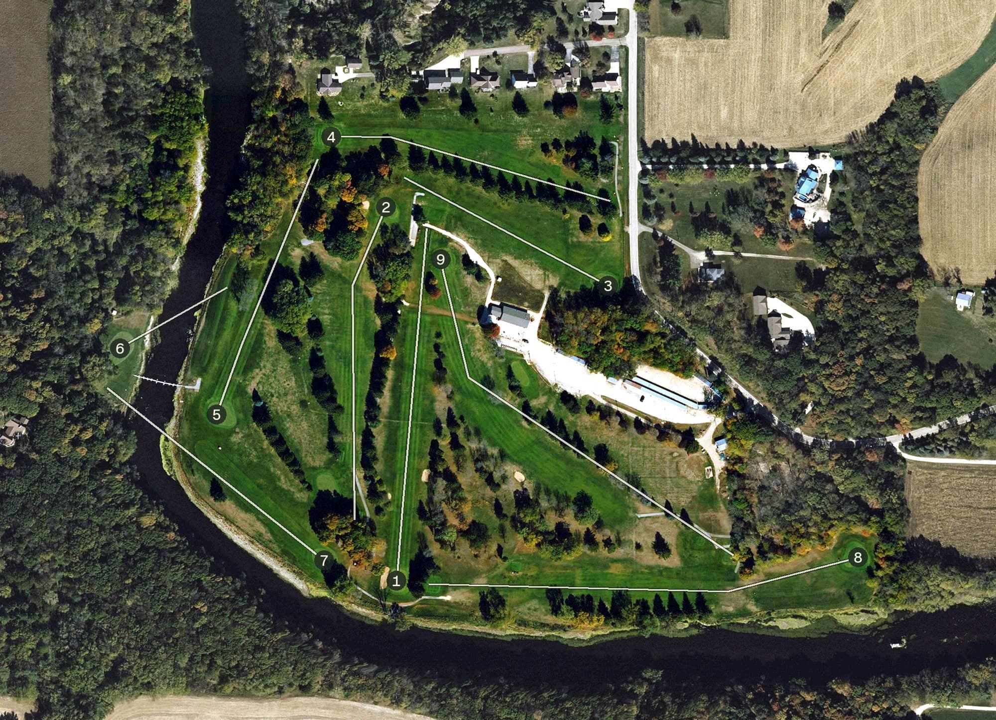 Aerial view of Sunny Brae Golf & Country Club, IA, with its hole routing marked