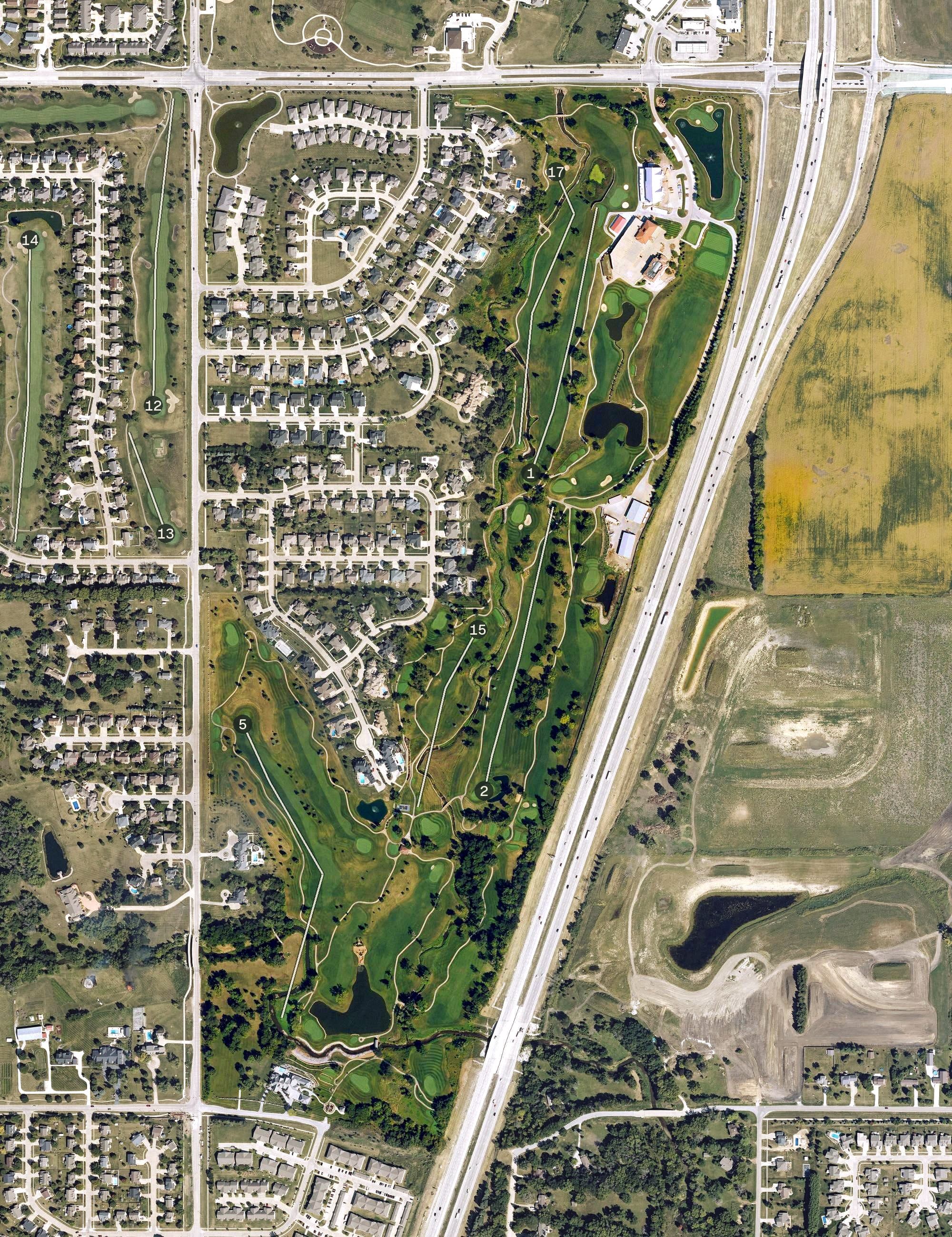 Aerial view of Talons of Tuscany Golf Club, IA, with its hole routing marked