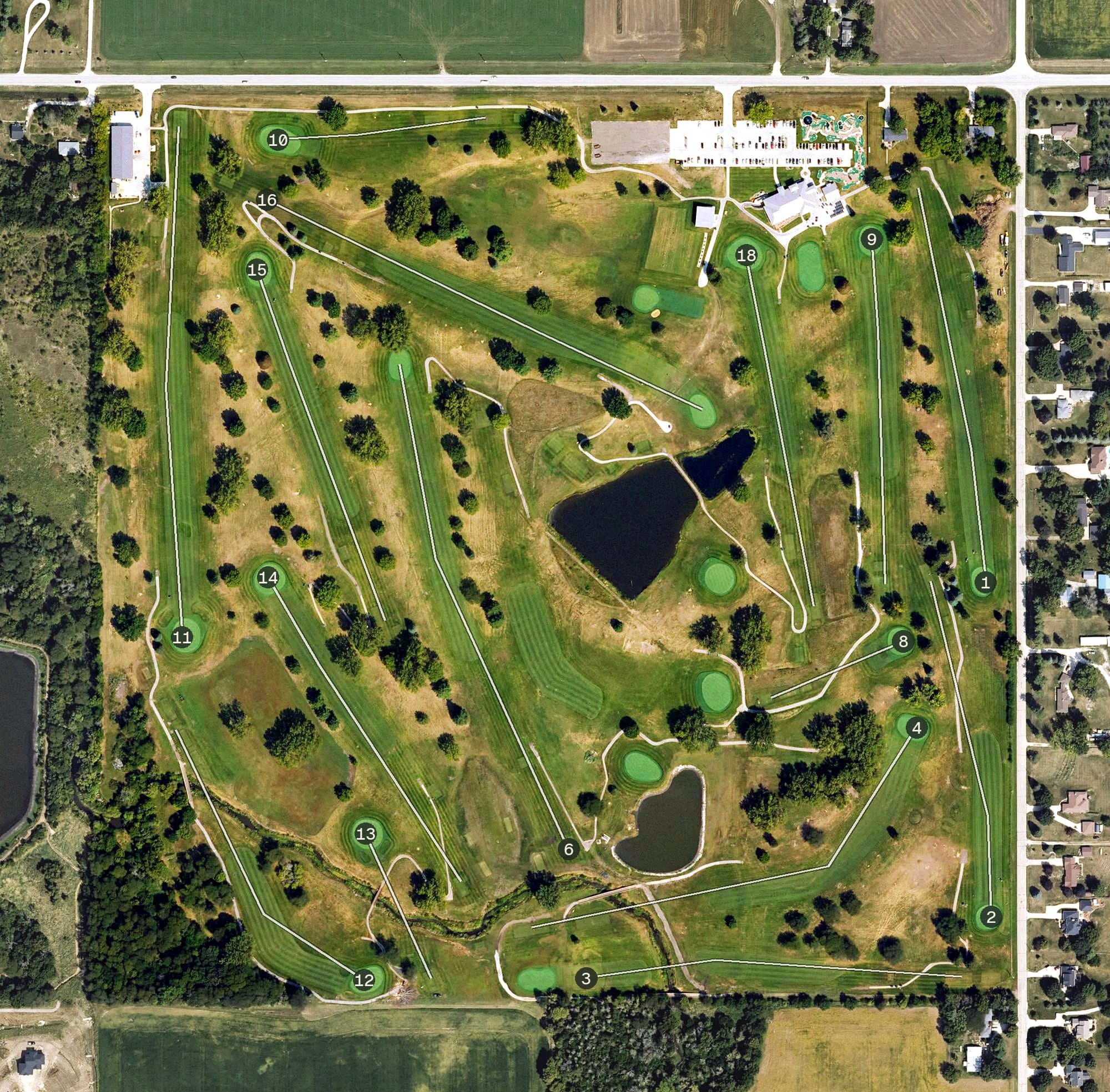 Aerial view of Terrace Hills Golf Course, IA, with its hole routing marked