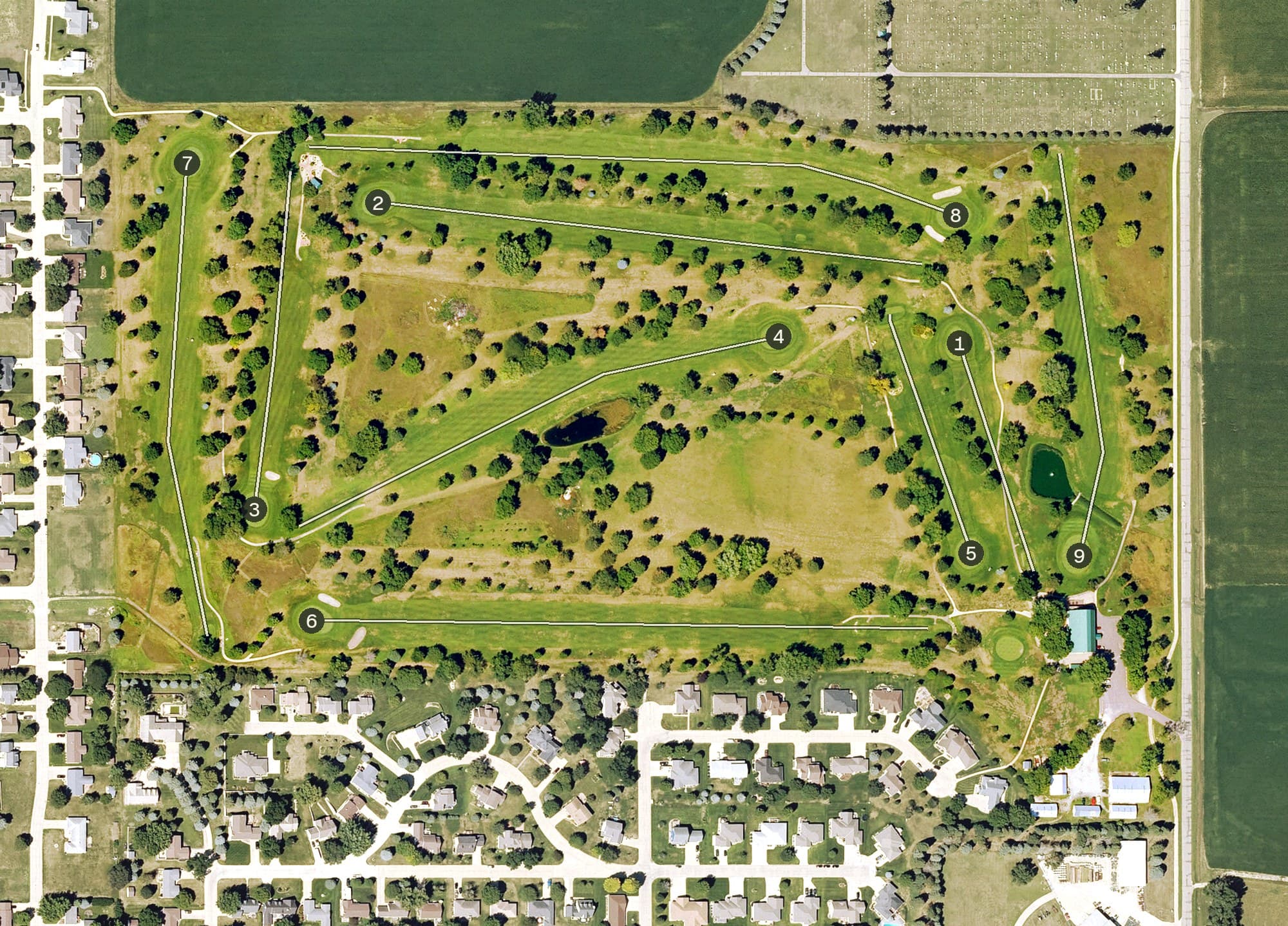 Aerial view of The Meadows Country Club, IA, with its hole routing marked