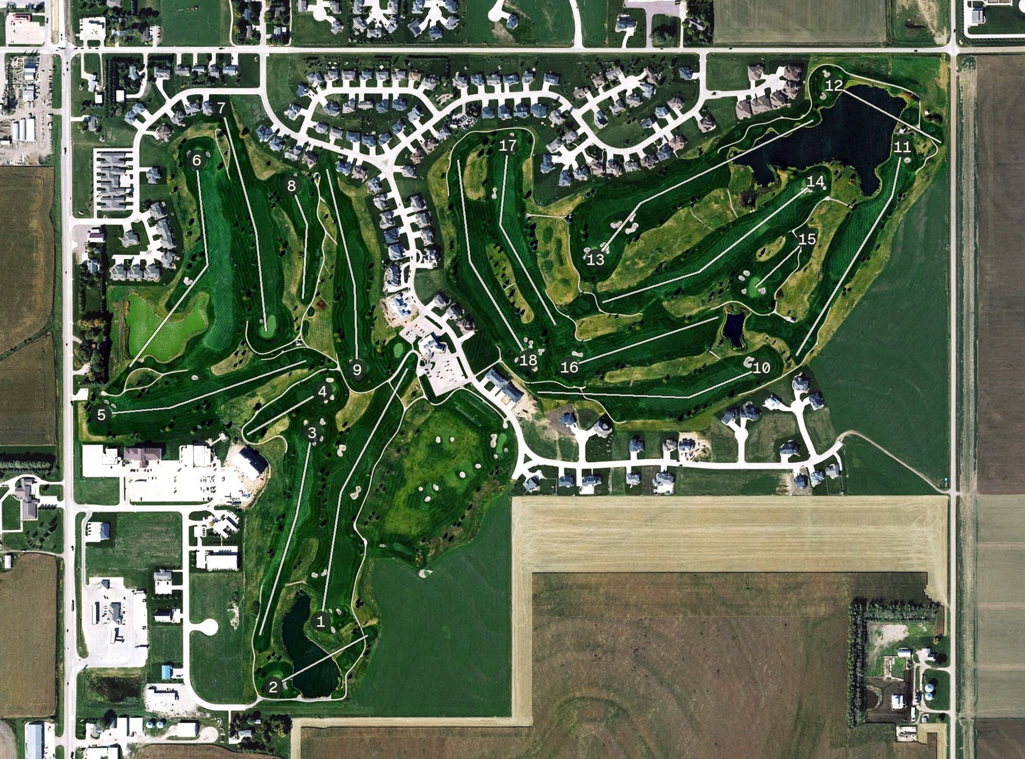Aerial view of The Ridge, IA, with its hole routing marked