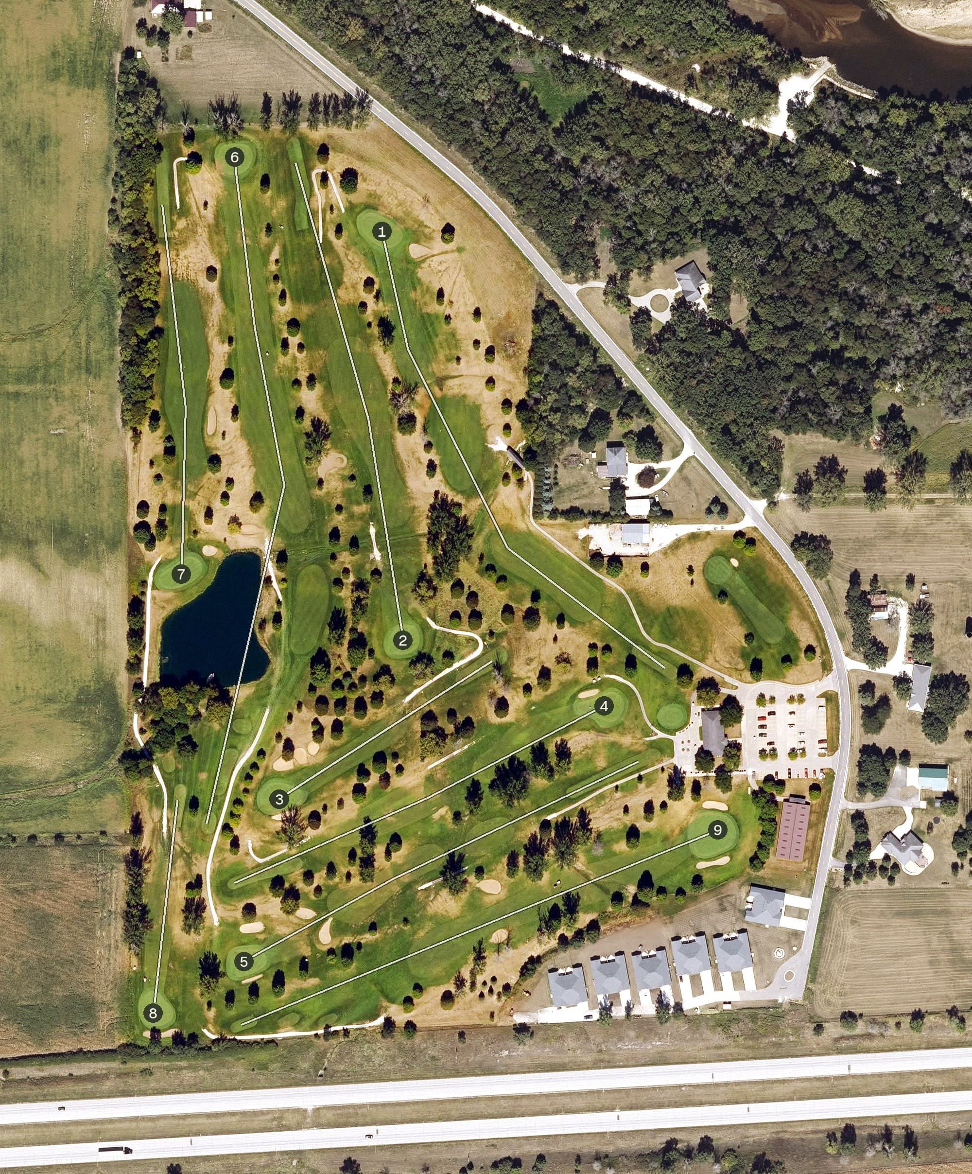 Aerial view of Three Elms Golf Course, IA, with its hole routing marked