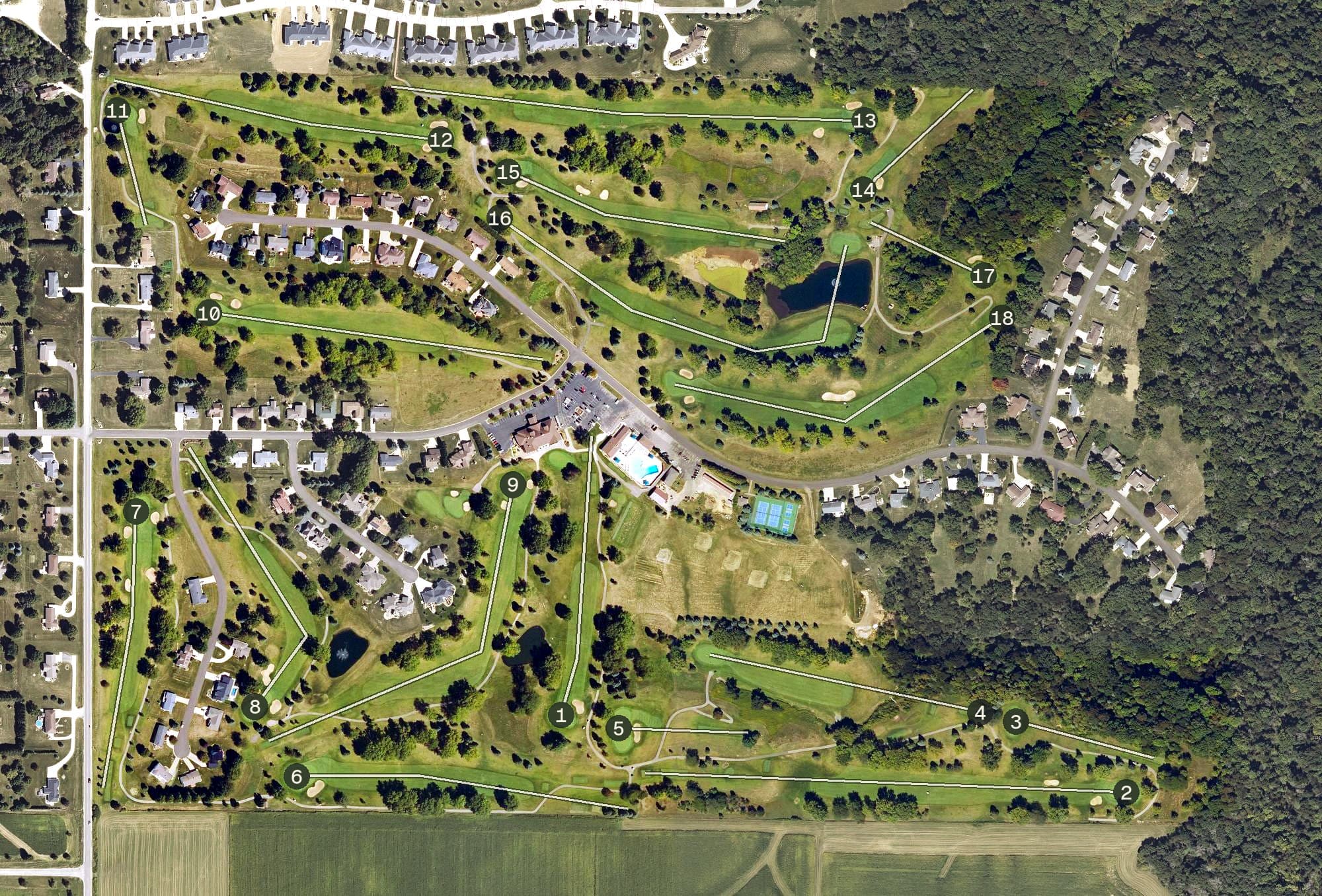 Aerial view of Thunder Hills Country Club, IA, with its hole routing marked