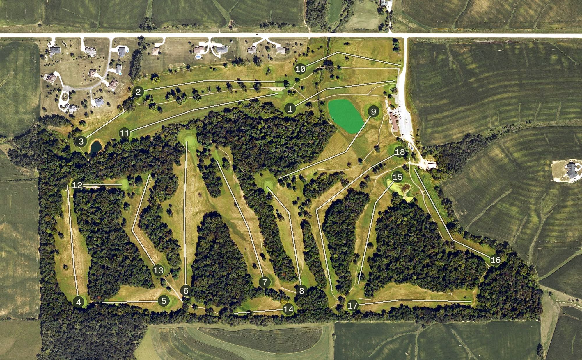 Aerial view of Timberline Golf Course, IA, with its hole routing marked